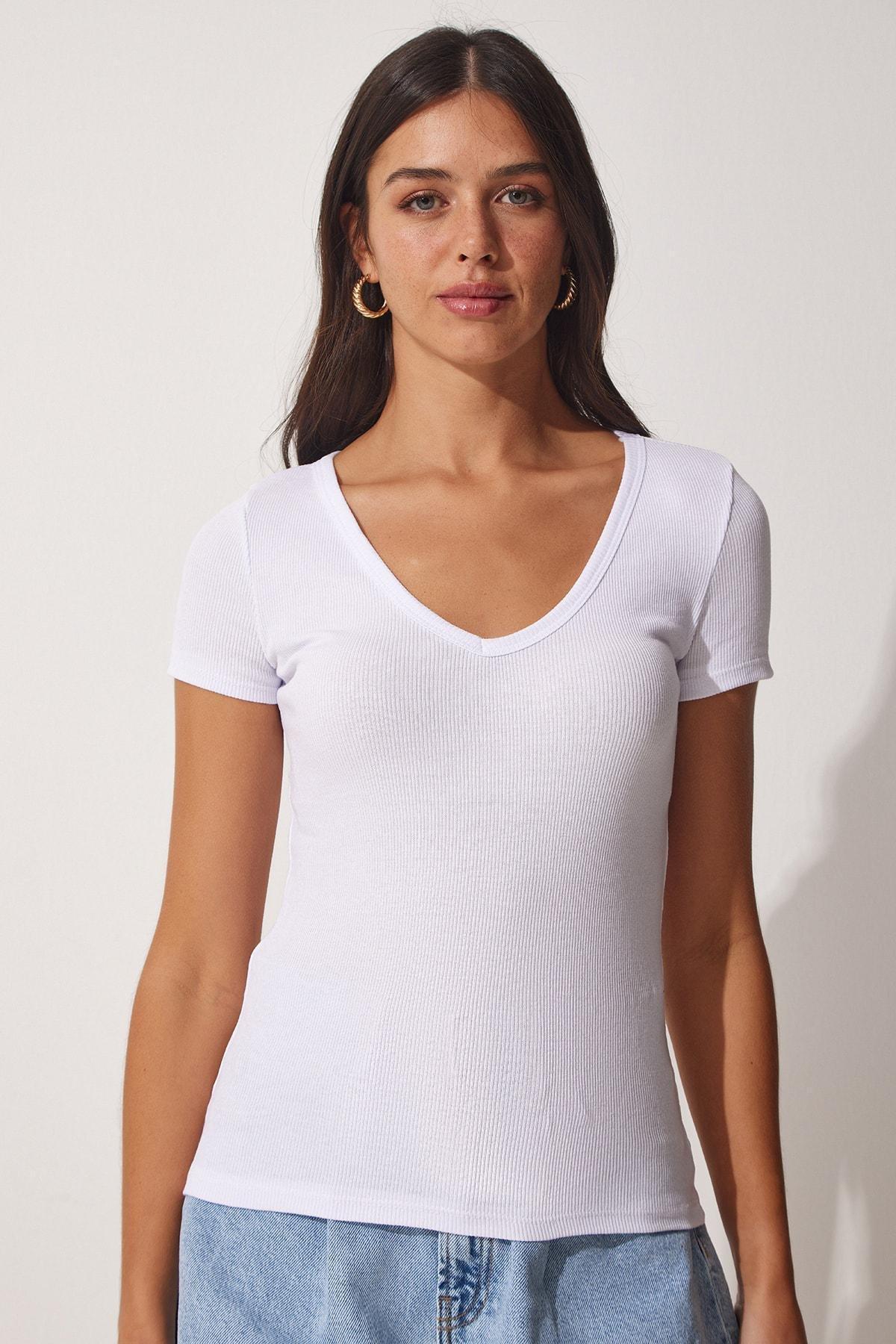 White V-Neck Knitted T-Shirt, White, large image number 5