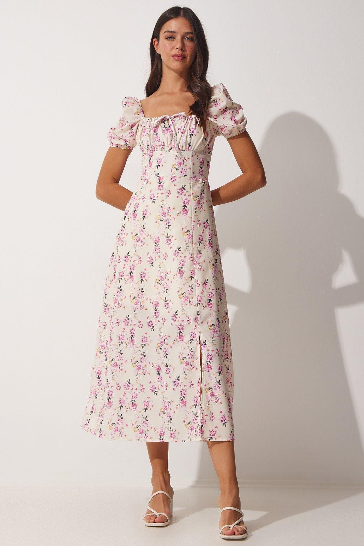 Cream Floral Summer Dress, , large image number 1