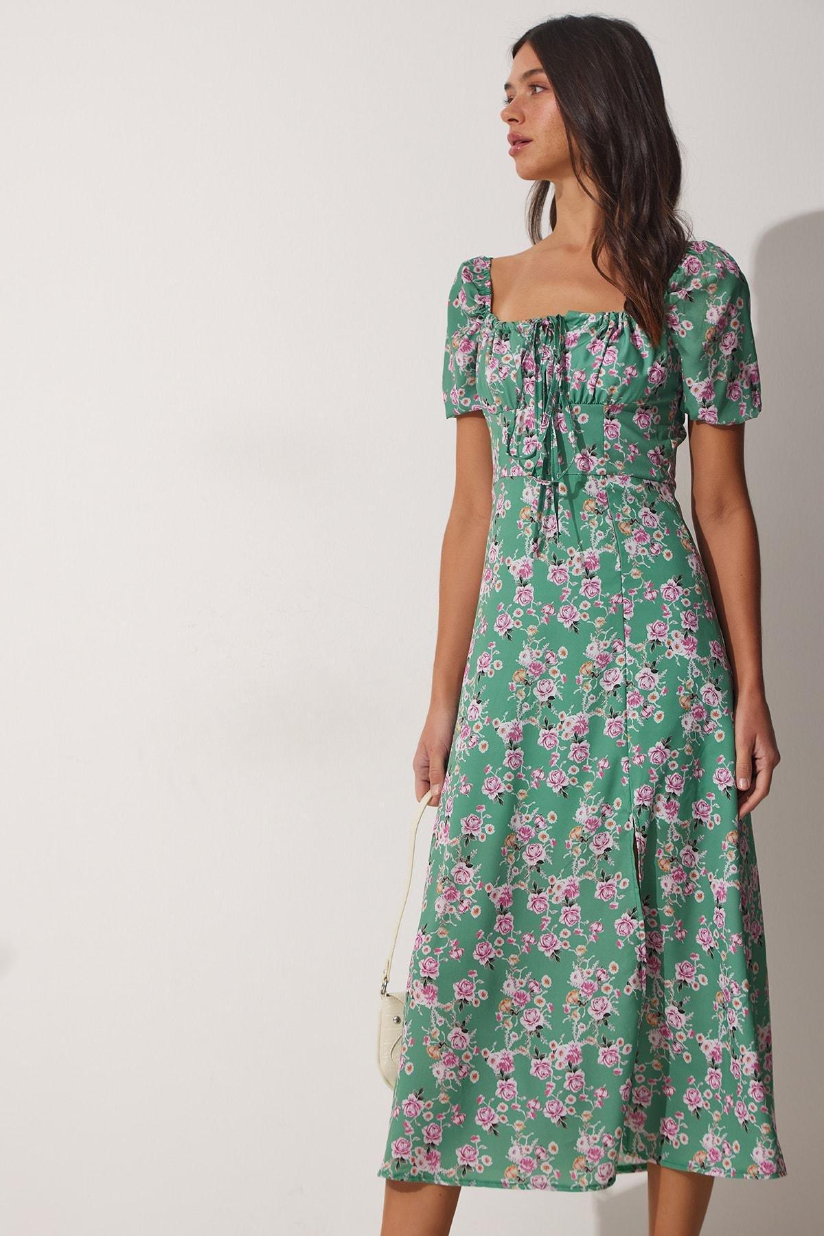 Green Floral Milkmaid Midi Dress, , large image number 0