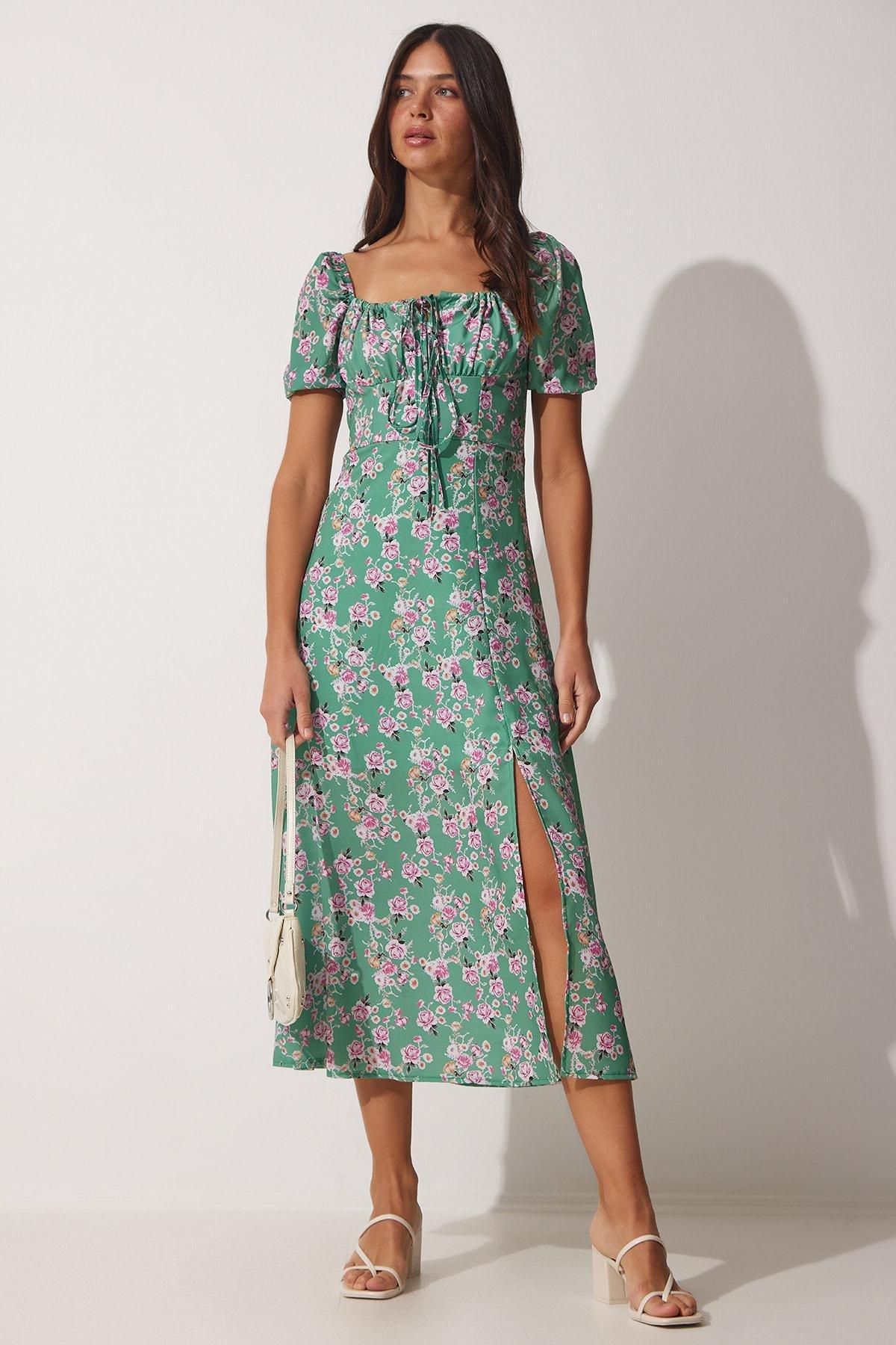 Green Floral Milkmaid Midi Dress, , large image number 1