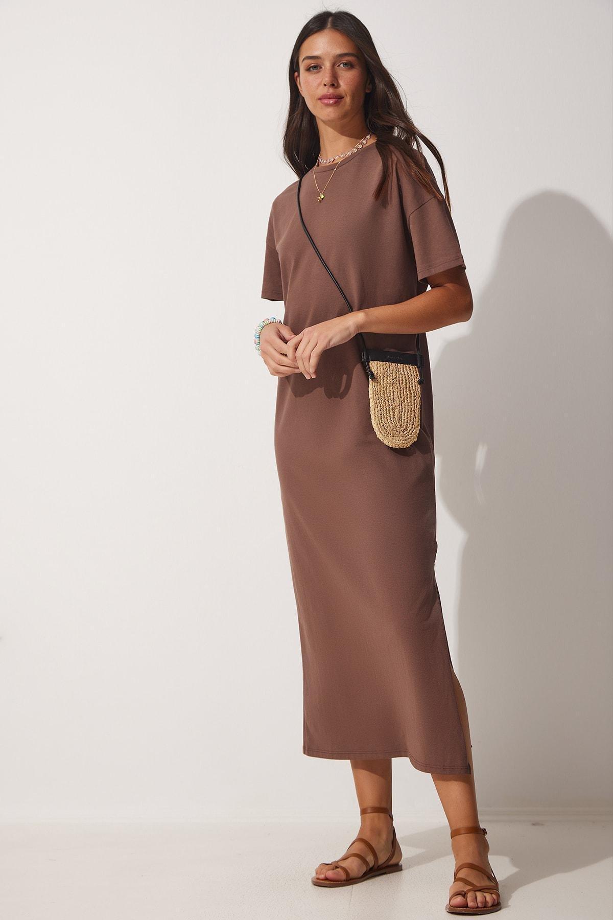 Brown Plain A-Line Midi Dress, , large image number 0