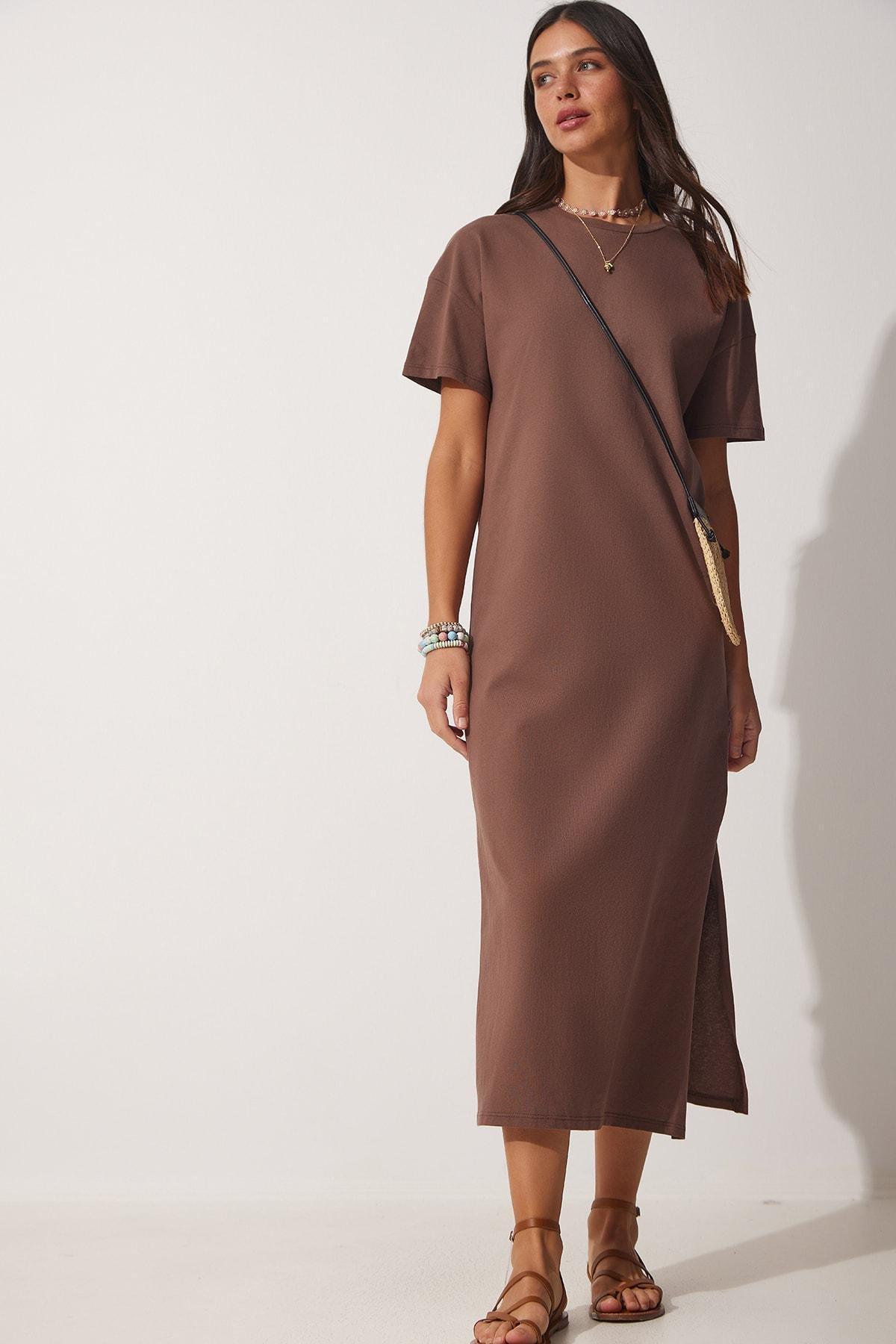 Brown Plain A-Line Midi Dress, , large image number 1