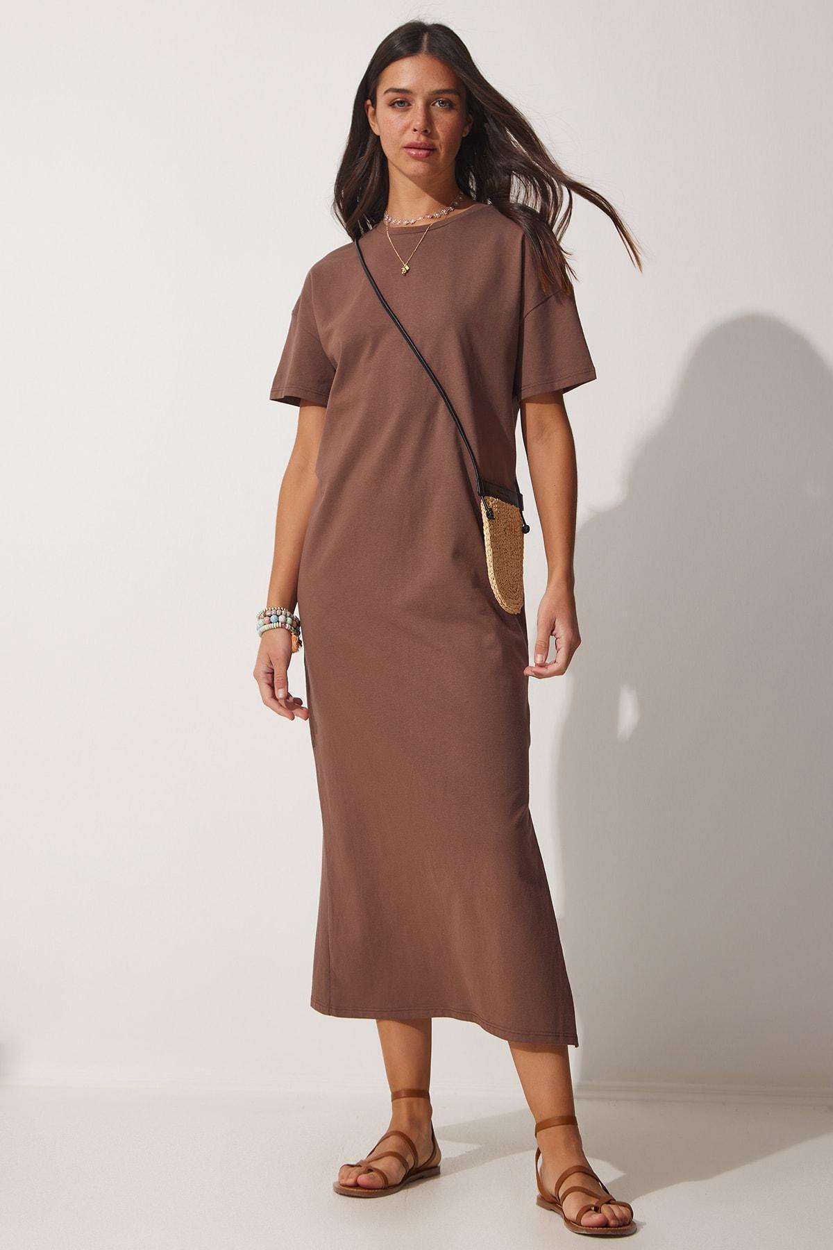 Brown Plain A-Line Midi Dress, , large image number 2