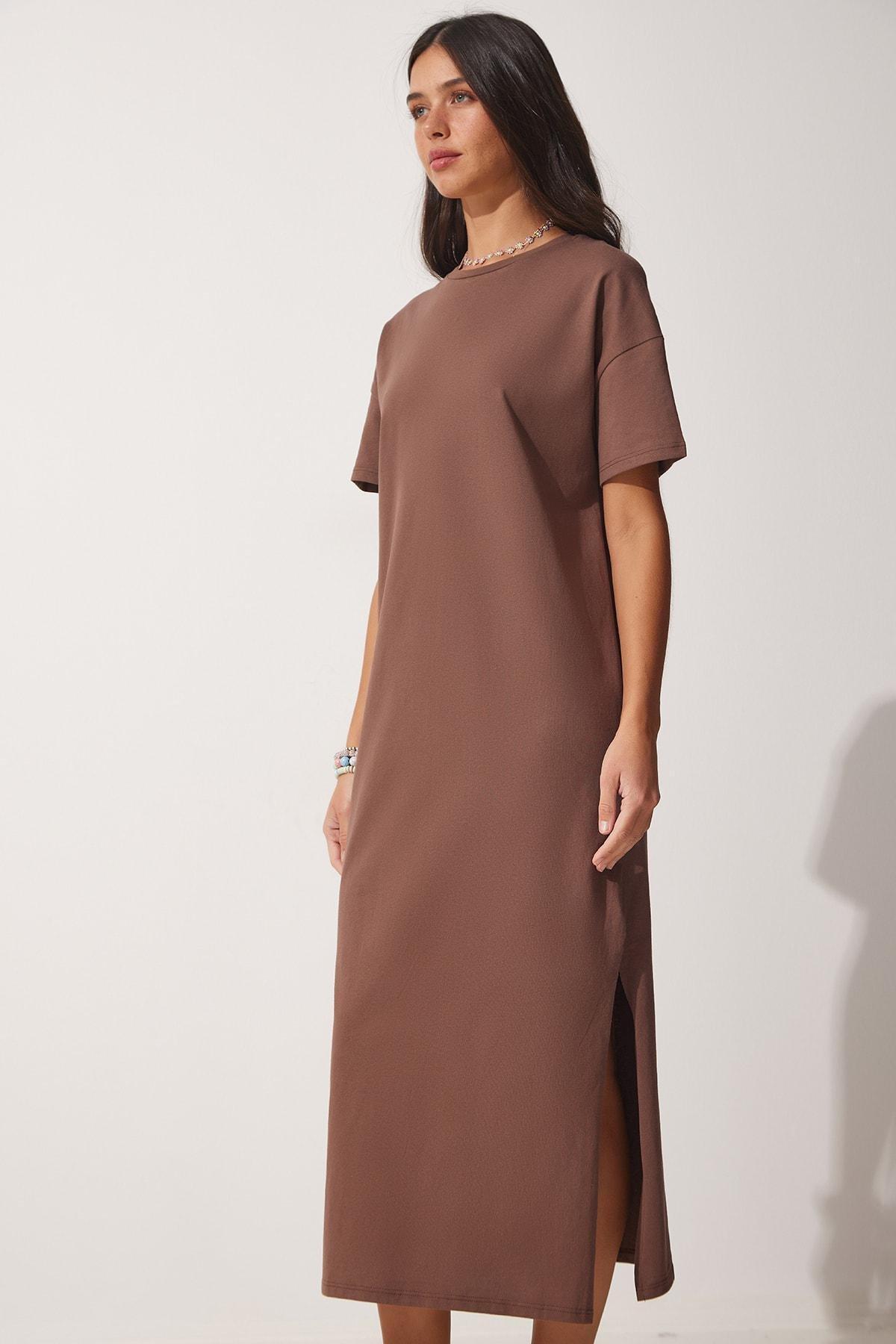 Brown Plain A-Line Midi Dress, , large image number 3