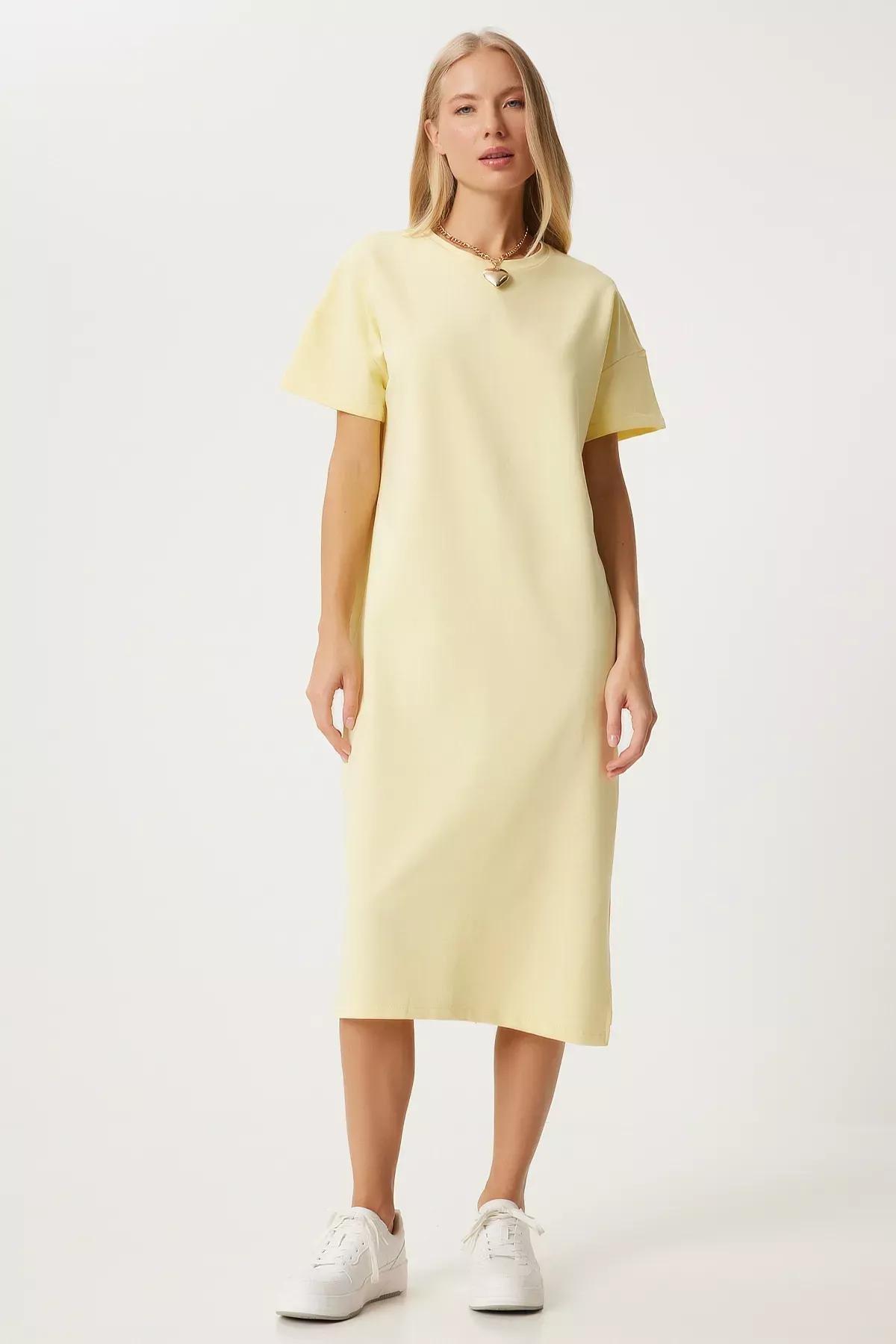 Yellow Cotton Casual Combed Dress, Yellow, large image number 0