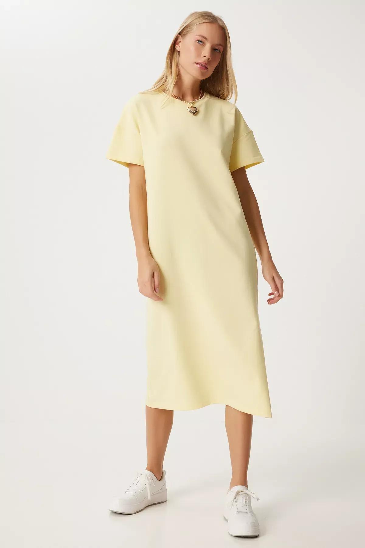 Yellow Cotton Casual Combed Dress, Yellow, large image number 1
