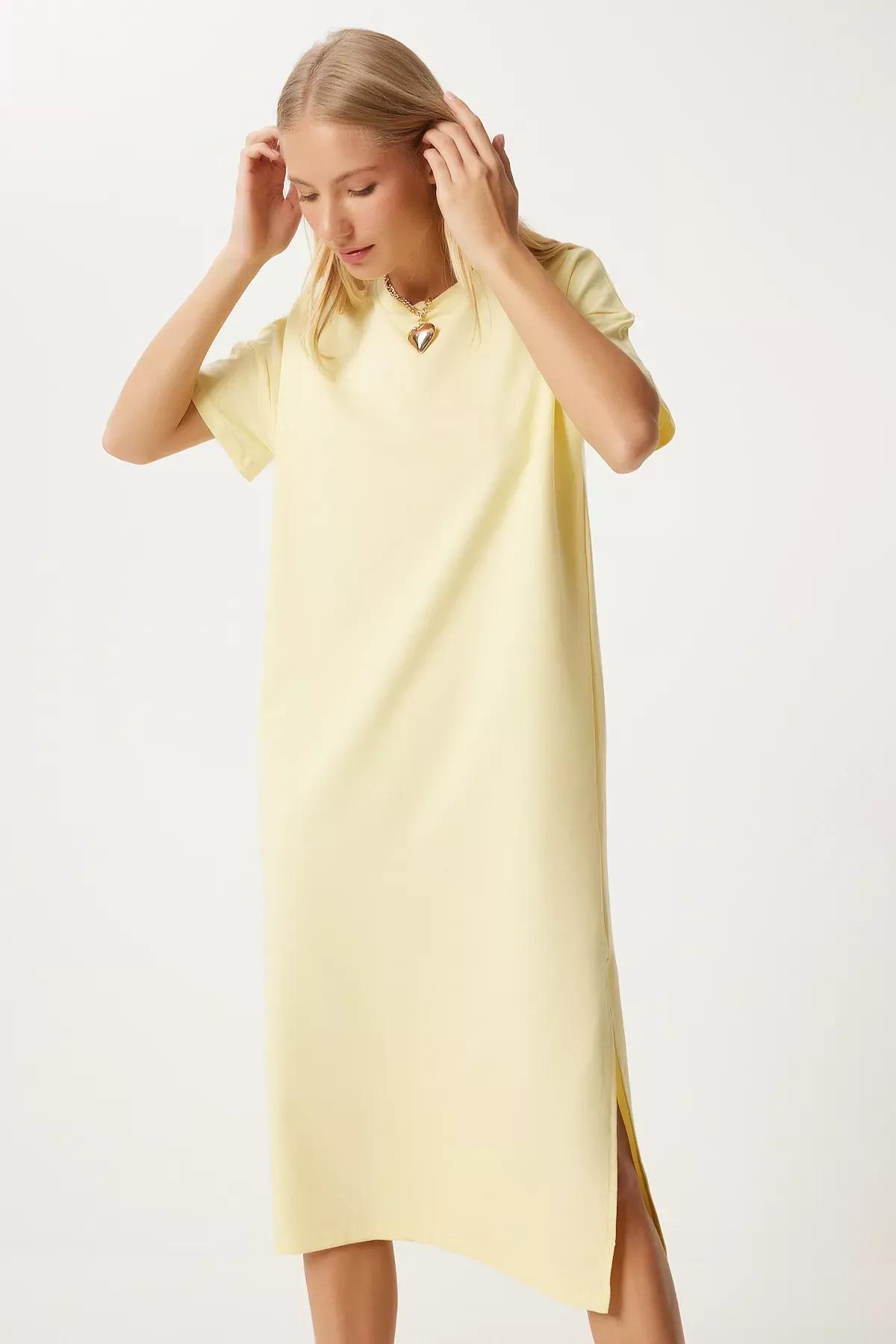 Yellow Cotton Casual Combed Dress, Yellow, large image number 2