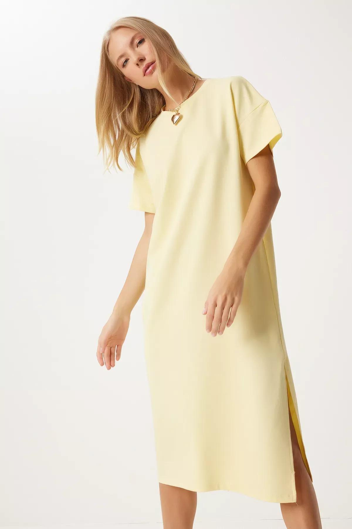 Yellow Cotton Casual Combed Dress, Yellow, large image number 3