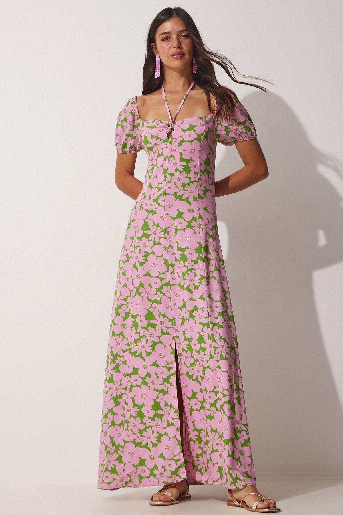 Multicolour U-Neck Printed Dress, Pink Green, large image number 0