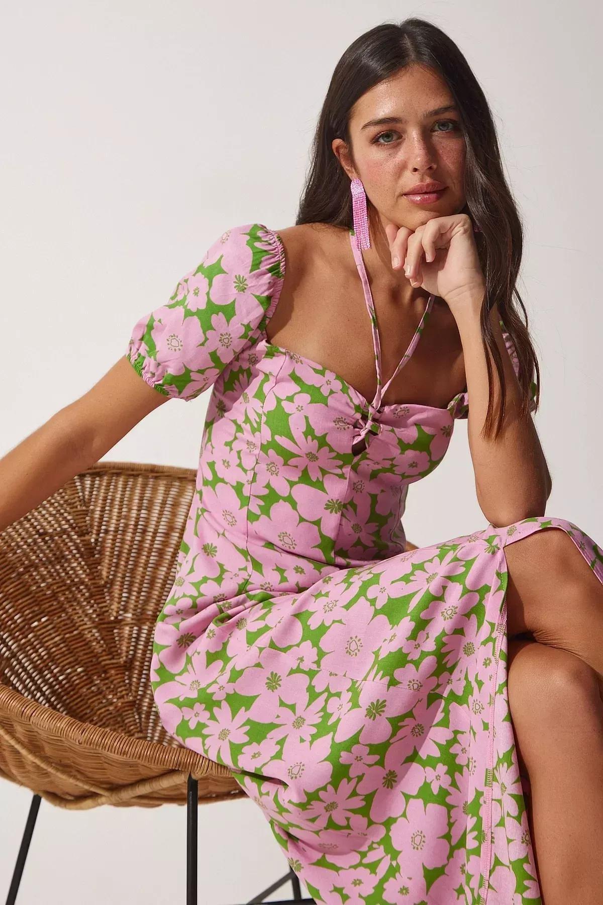 فستان بنقشة زهور، وردي, Pink Green, medium