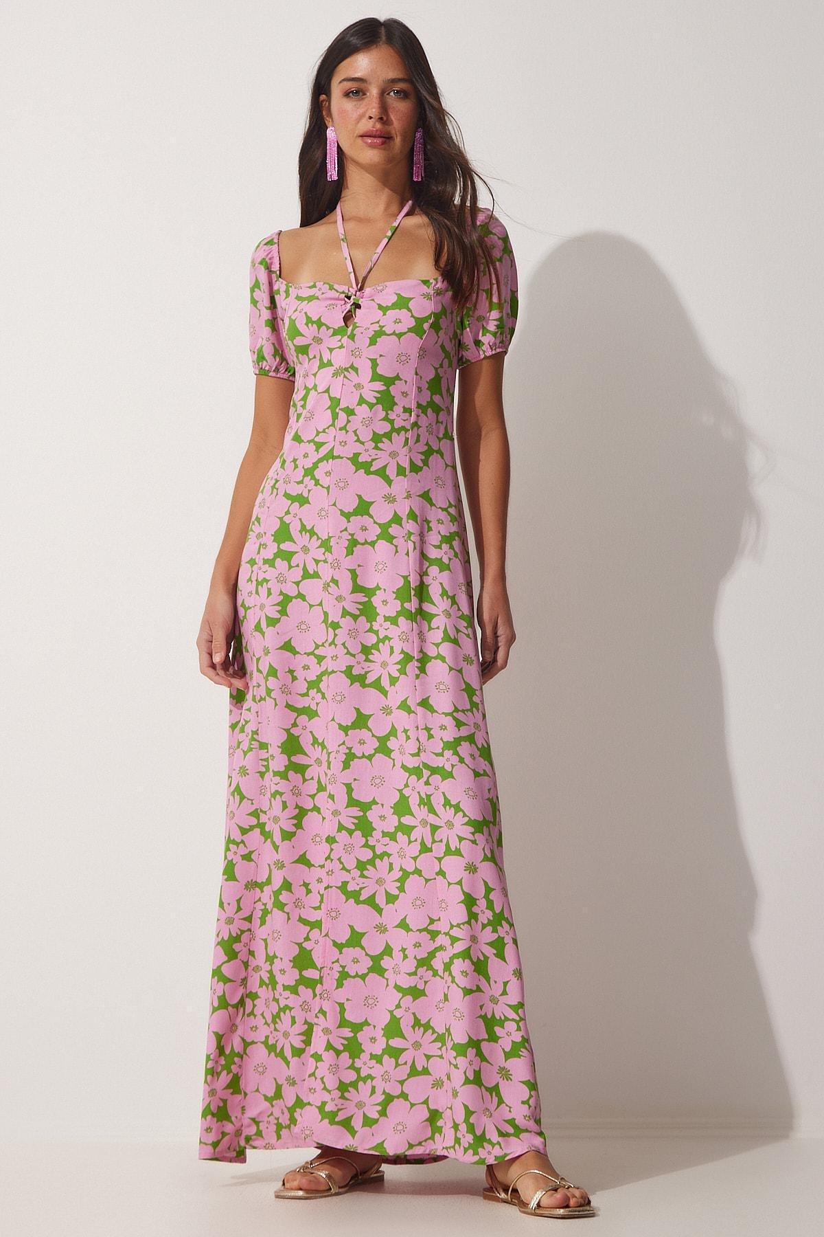 Multicolour U-Neck Printed Dress, Pink Green, large image number 1
