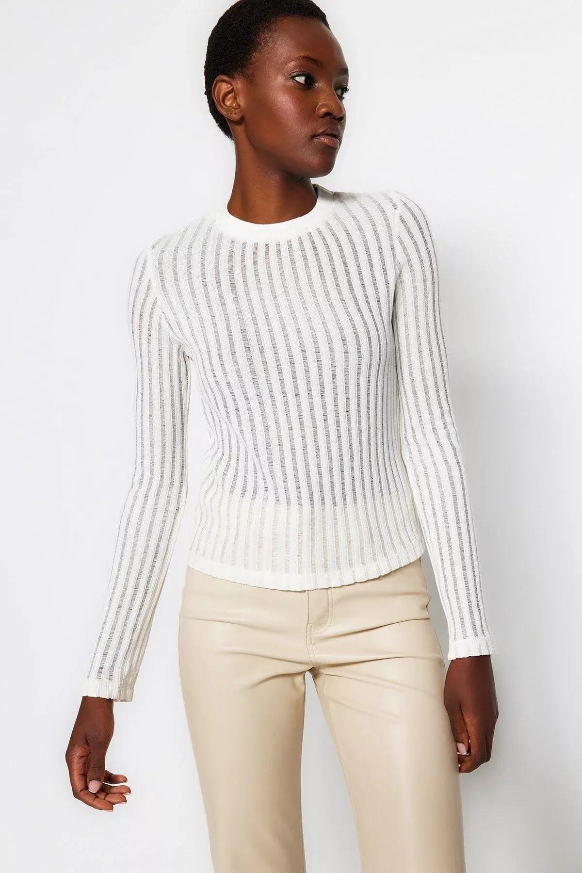 بلوزة مُحاكة بتصميم شفاف، كريمي, Ecru, large image number 1