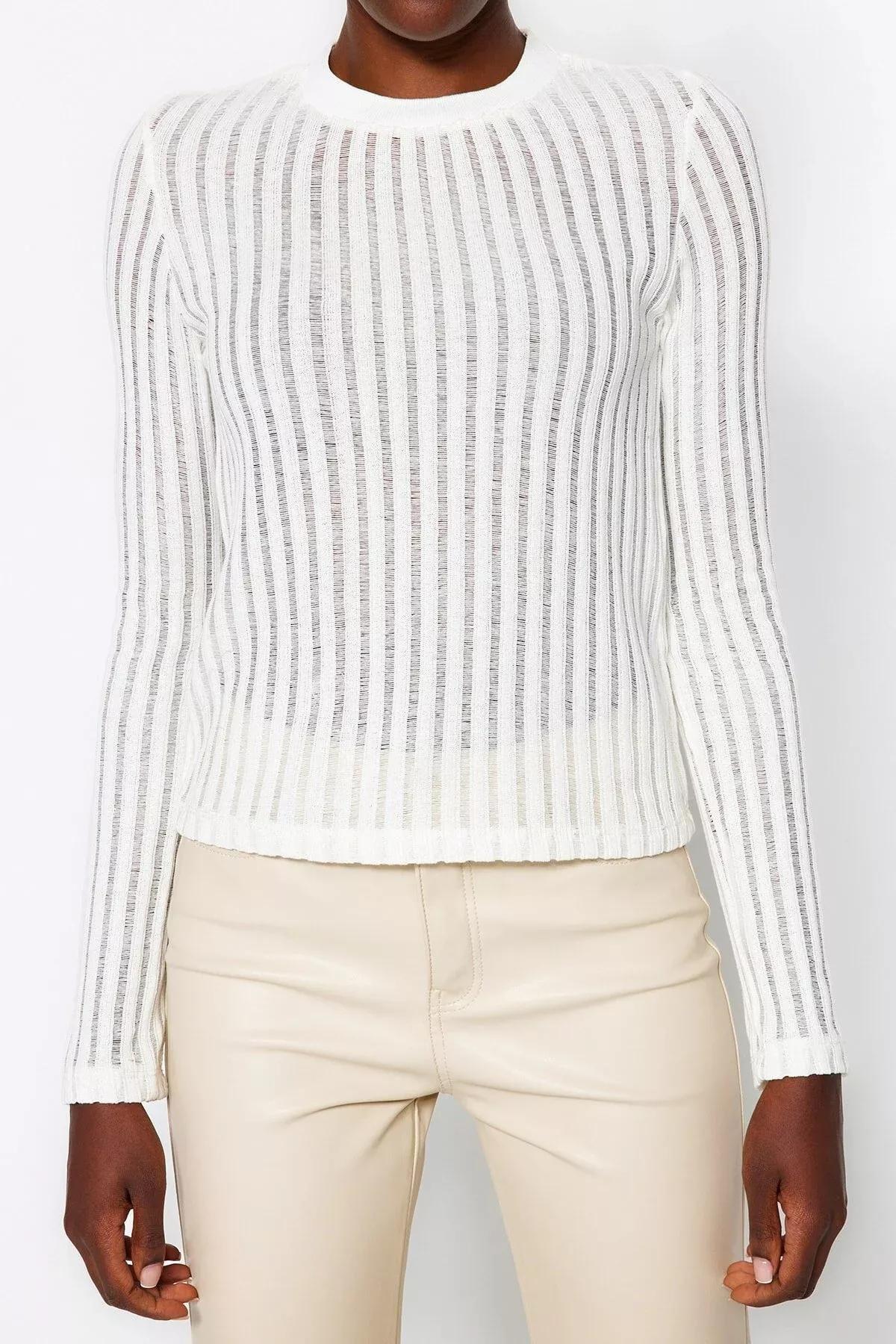 بلوزة مُحاكة بتصميم شفاف، كريمي, Ecru, large image number 3