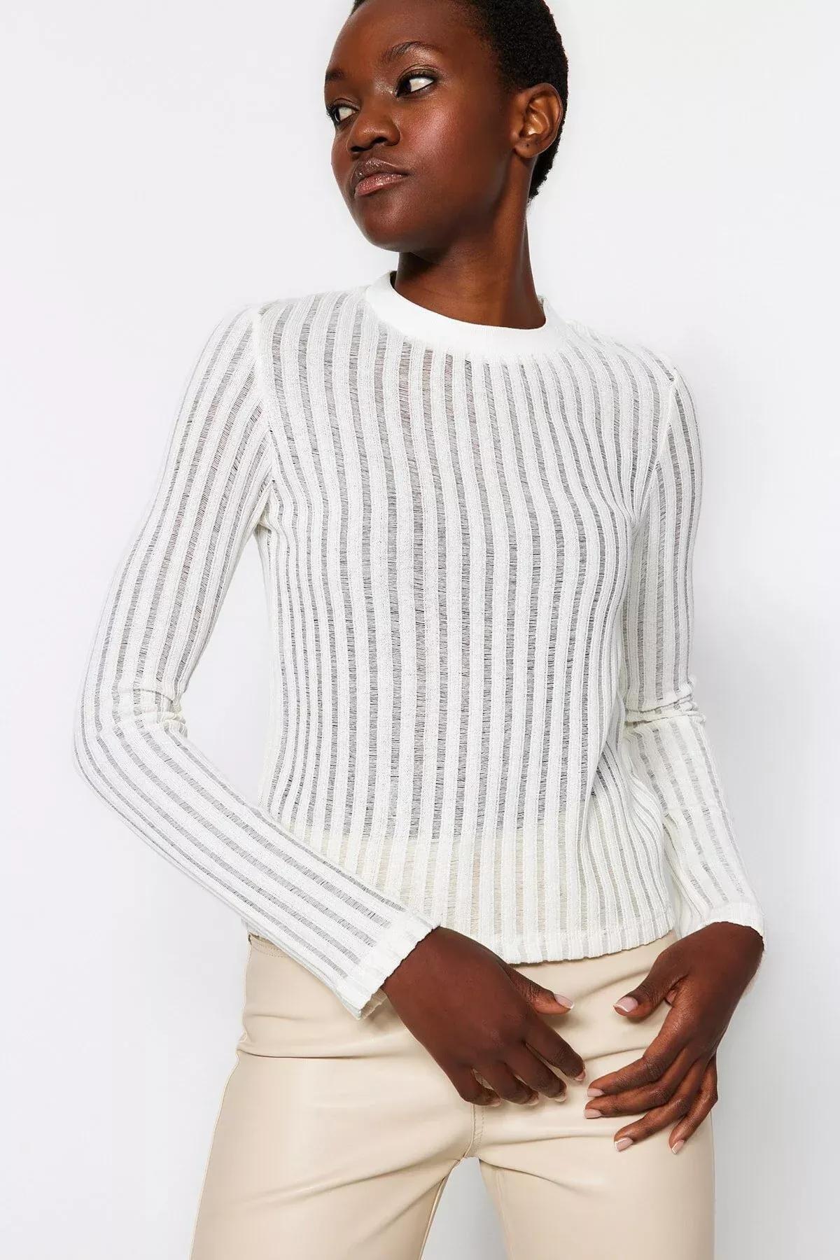 بلوزة مُحاكة بتصميم شفاف، كريمي, Ecru, large image number 4