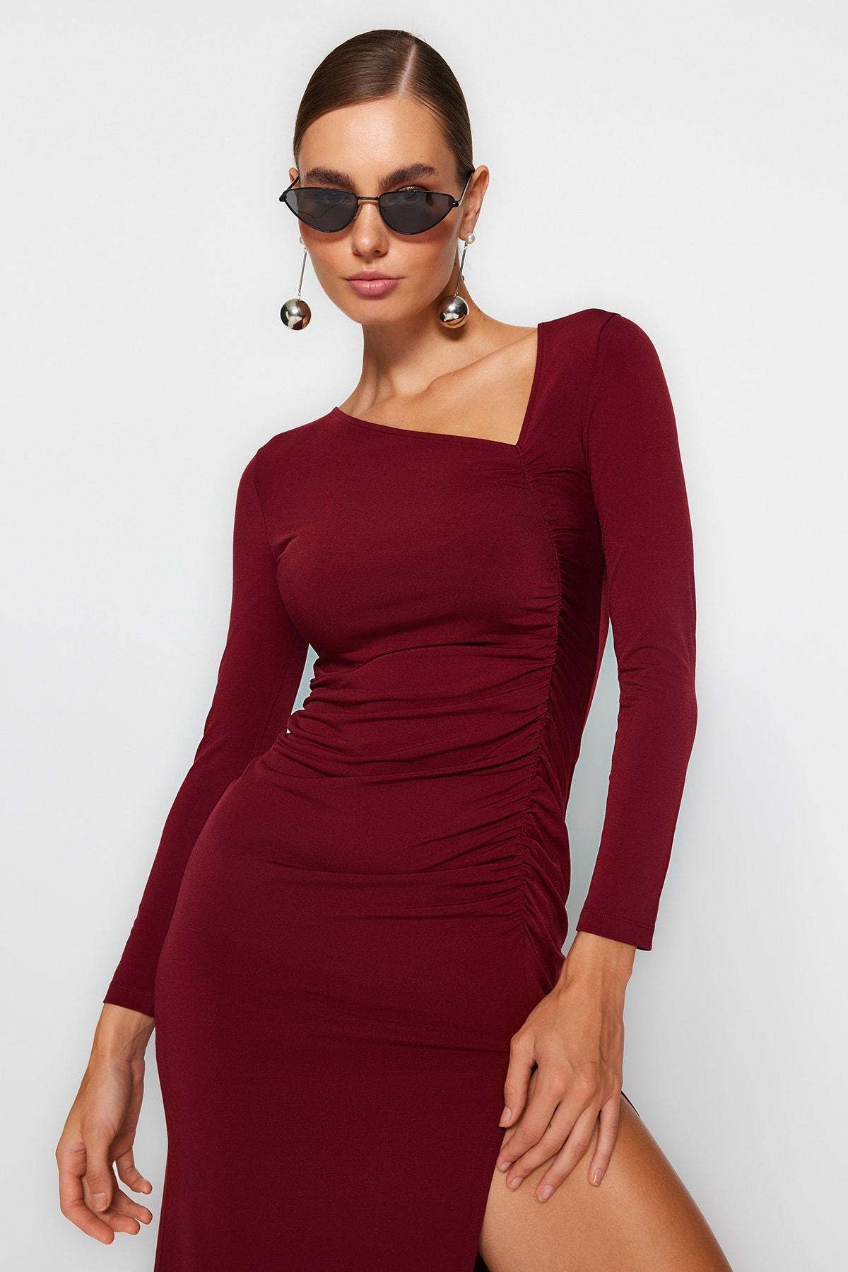 Red Slit Asymmetrical Collar Midi Dress, , large image number 1