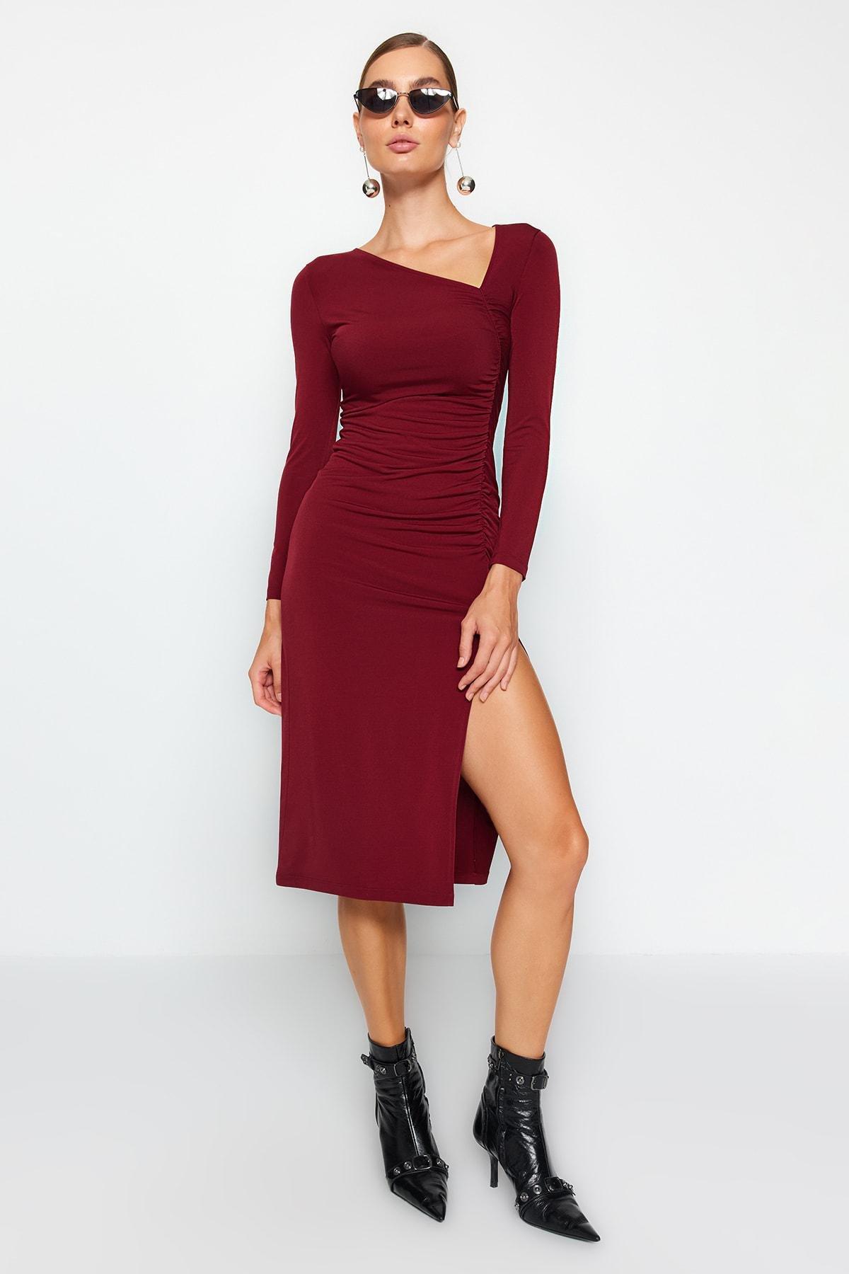 Red Slit Asymmetrical Collar Midi Dress, , large image number 2