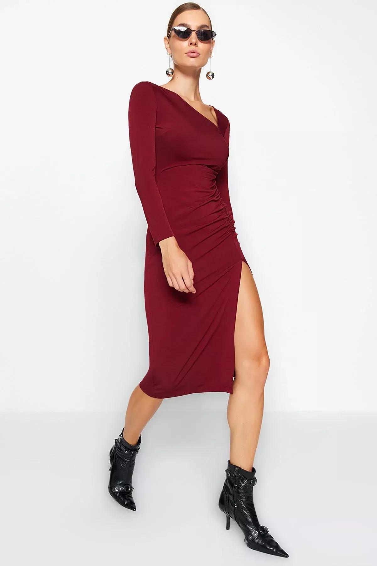 Red Slit Asymmetrical Collar Midi Dress, Burgundy, large image number 5