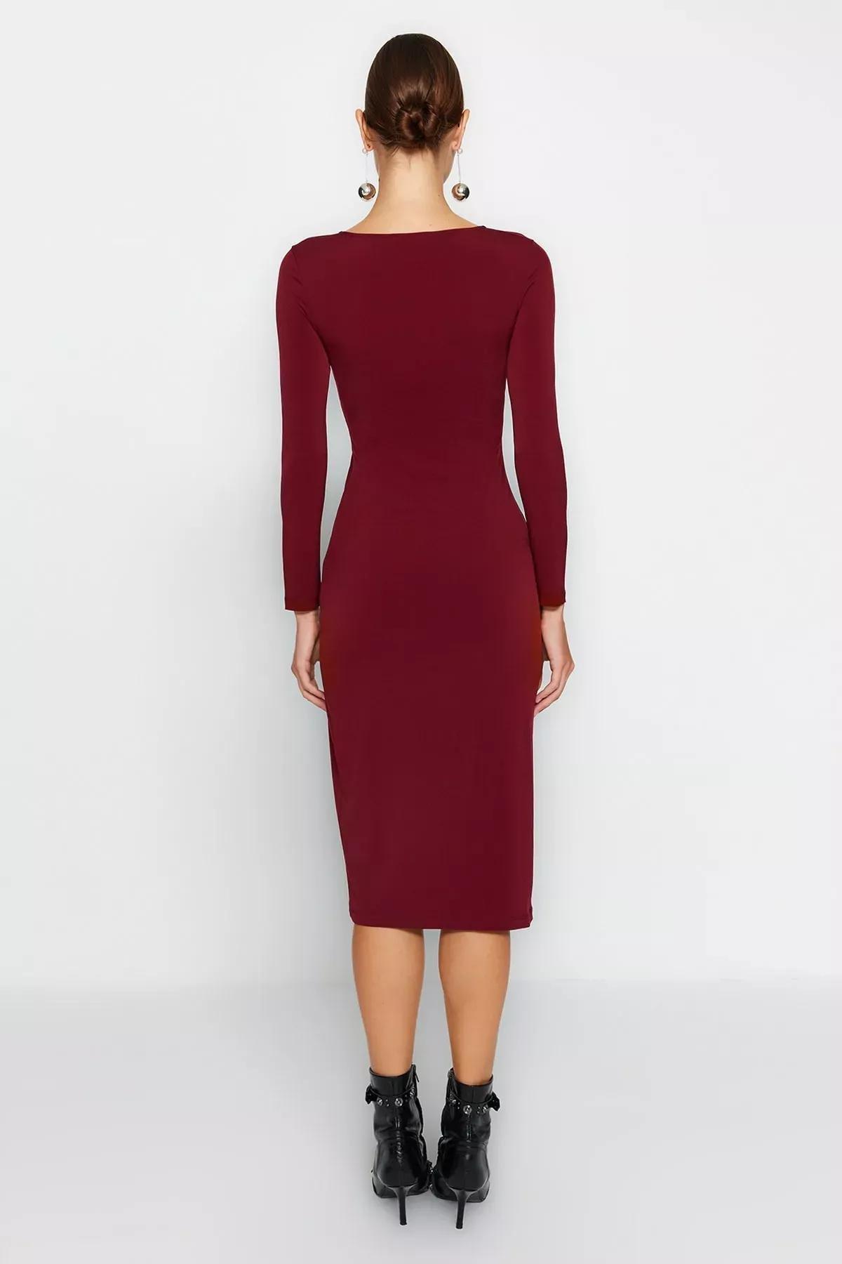 Red Slit Asymmetrical Collar Midi Dress, Burgundy, large image number 6