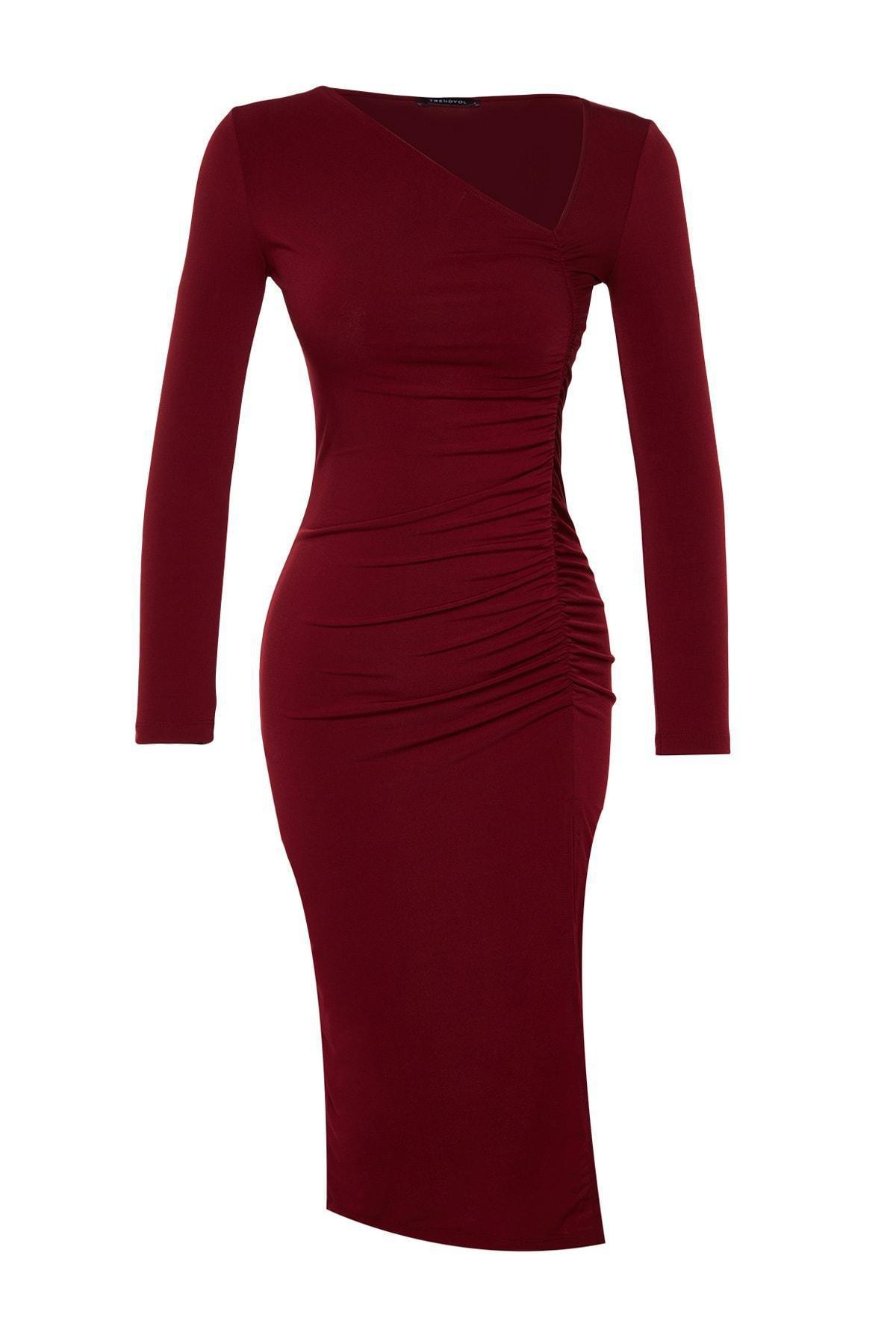 Red Slit Asymmetrical Collar Midi Dress, , large image number 7