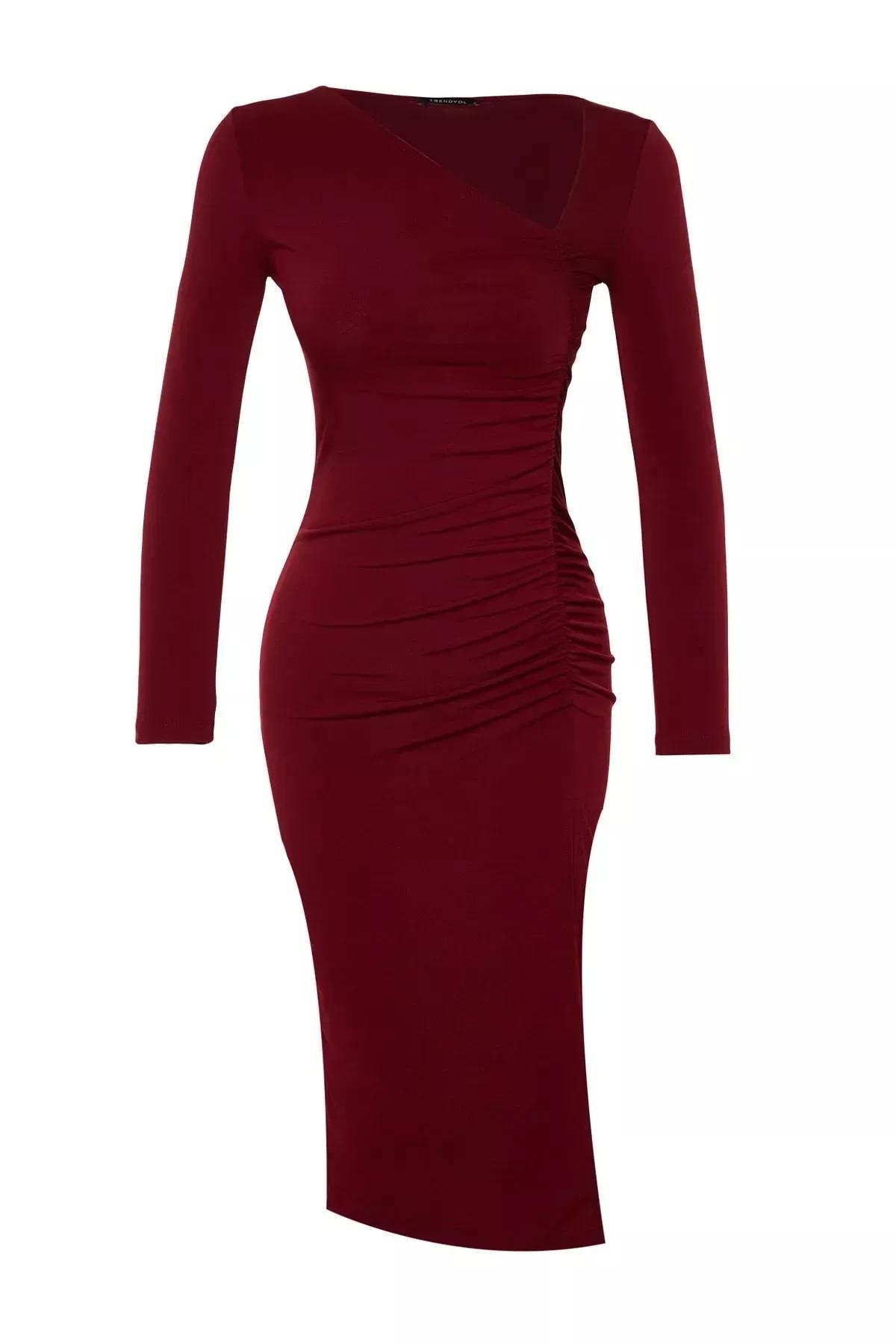 Red Slit Asymmetrical Collar Midi Dress, Burgundy, large image number 7