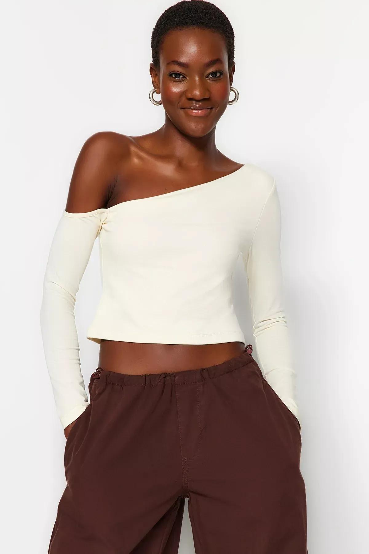 White One-Shoulder Blouse, STONE, large image number 0