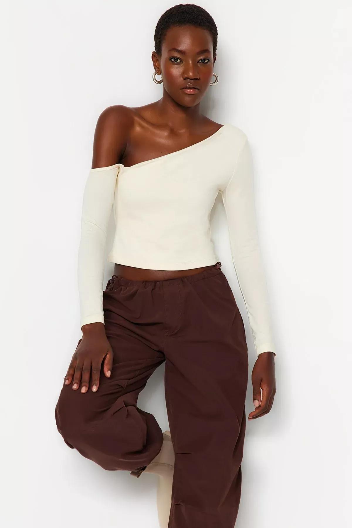 White One-Shoulder Blouse, STONE, large image number 1