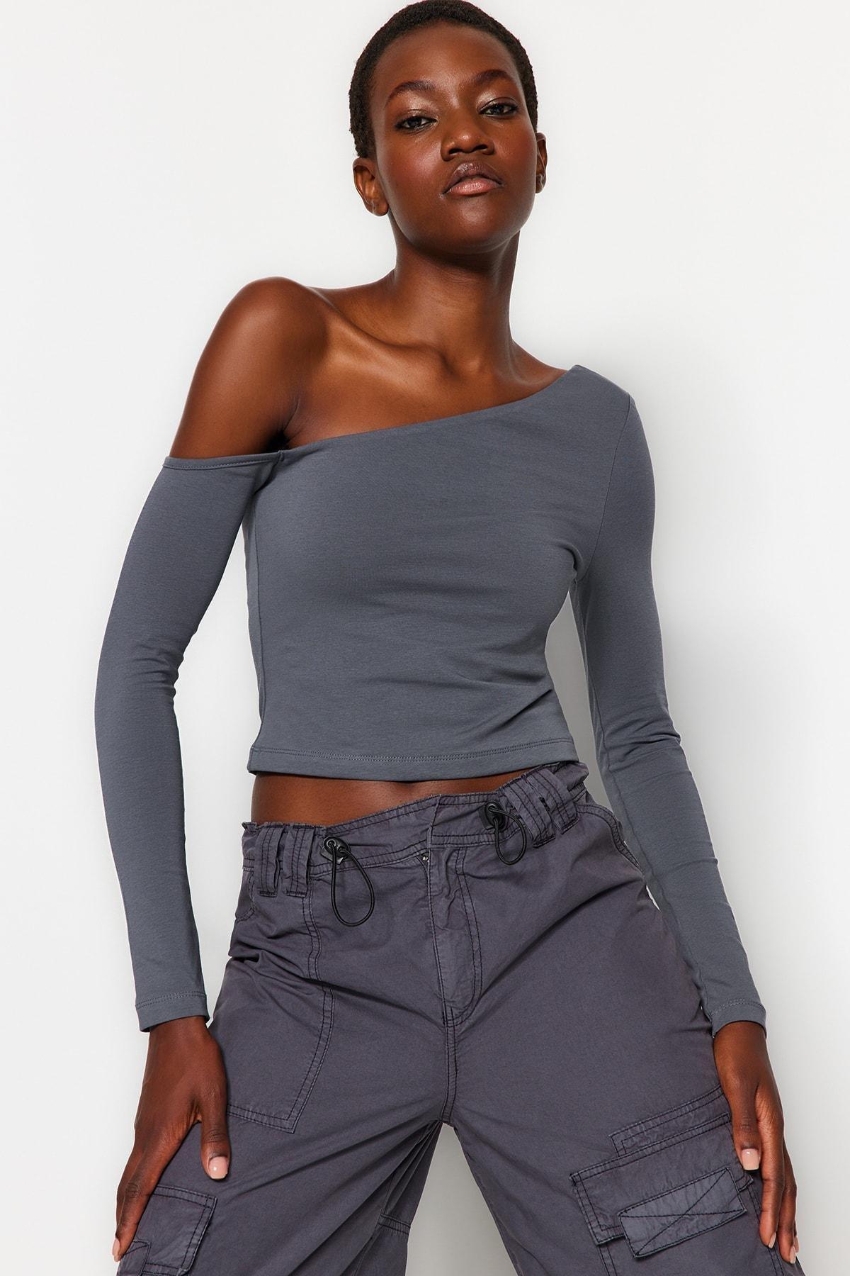 Grey One-Shoulder Cropped Knitted Blouse, , large image number 0