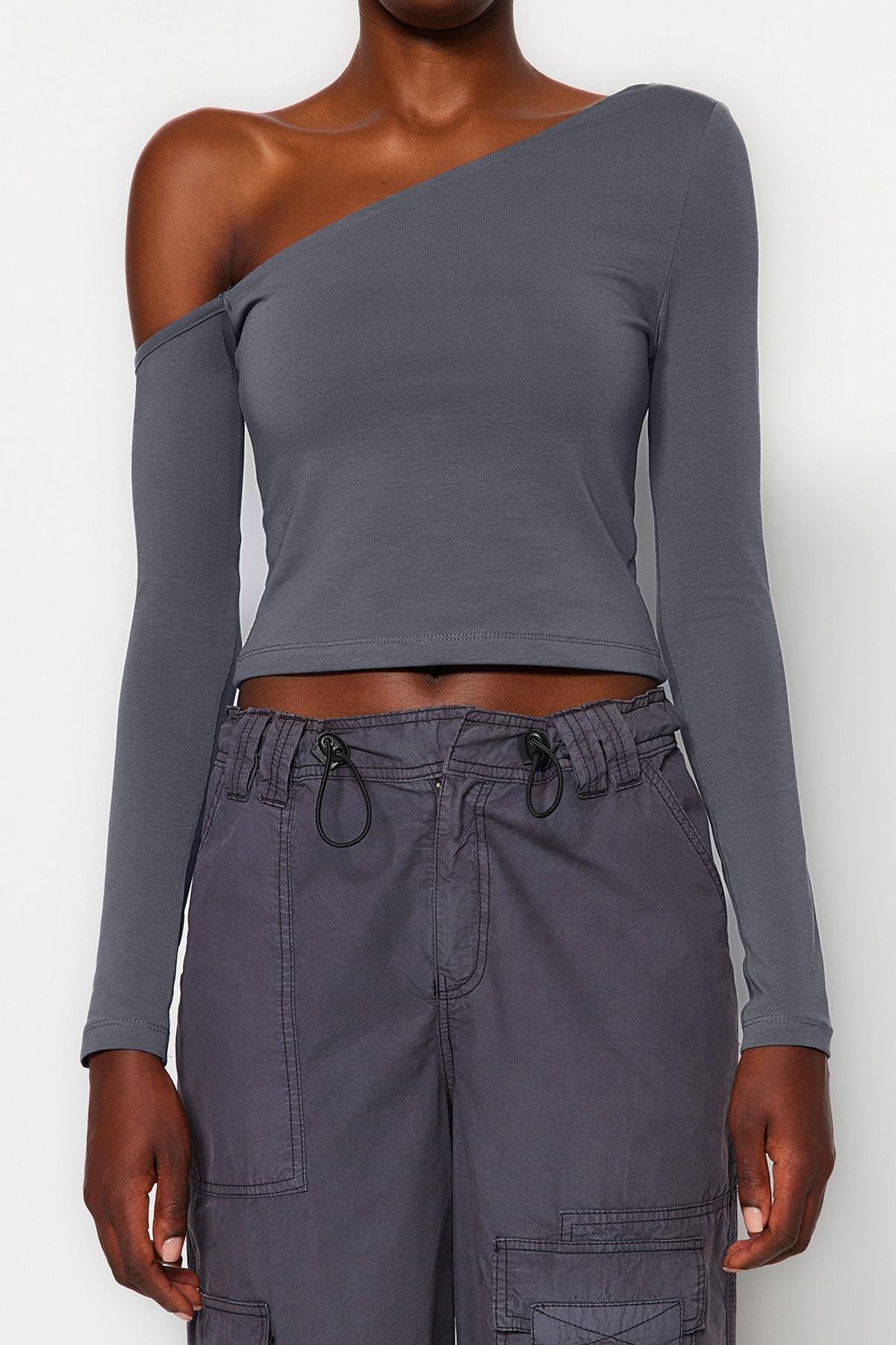 Grey One-Shoulder Cropped Knitted Blouse, , large image number 2