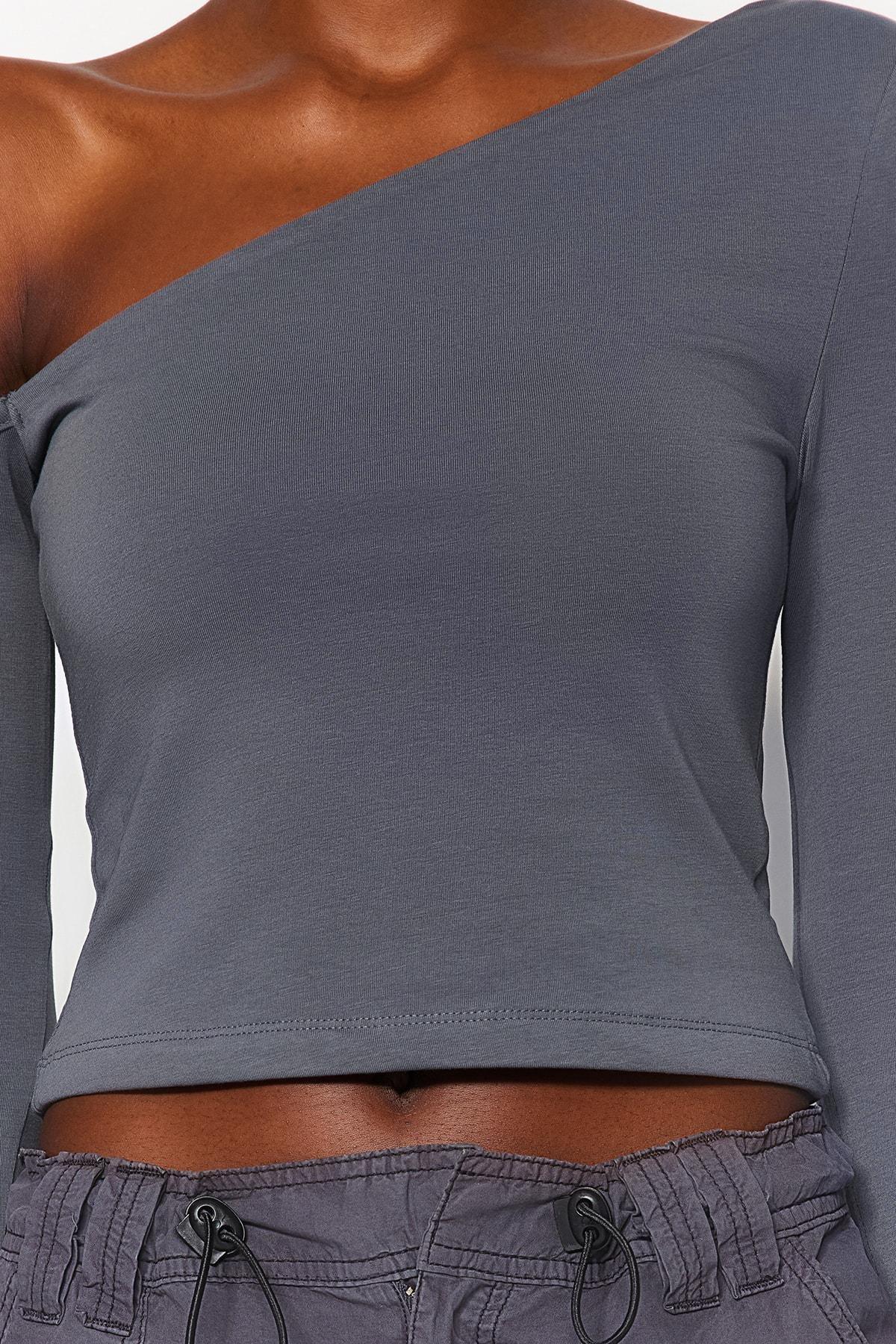 Grey One-Shoulder Cropped Knitted Blouse, , large image number 4