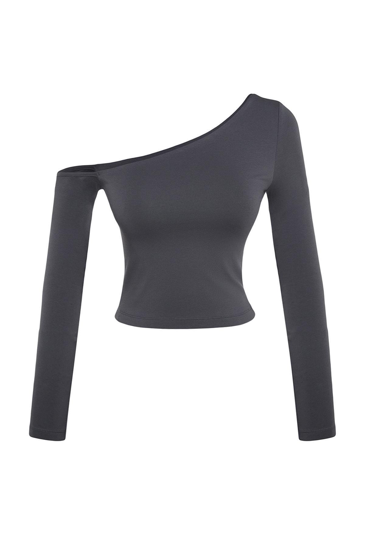Grey One-Shoulder Cropped Knitted Blouse, , large image number 5