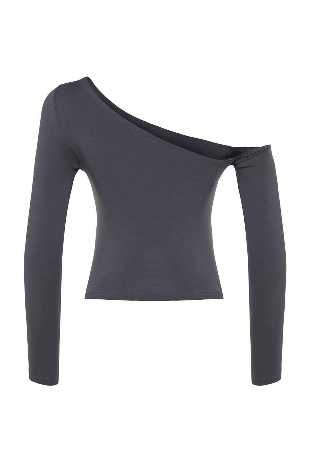 Grey One-Shoulder Cropped Knitted Blouse, , large image number 7