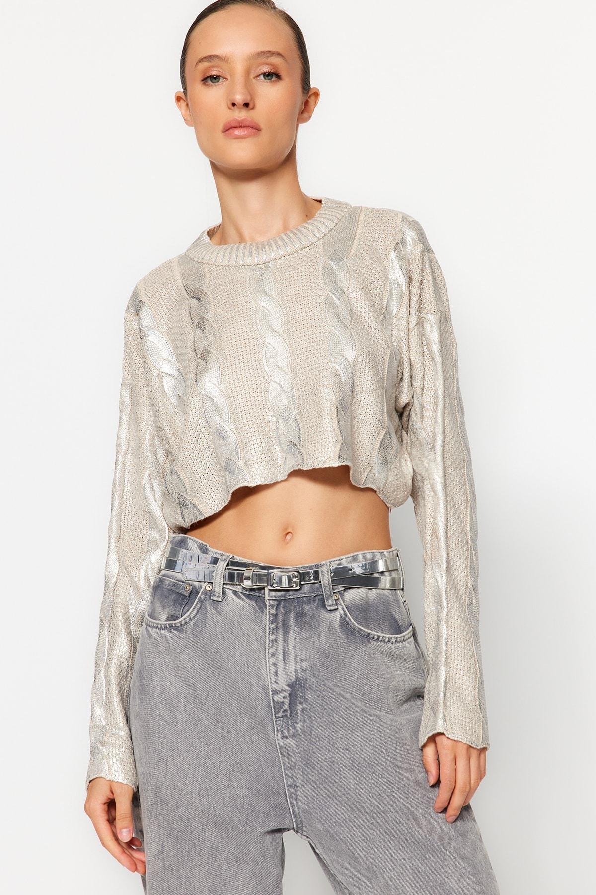 Beige Crop Top Sweater, , large image number 0