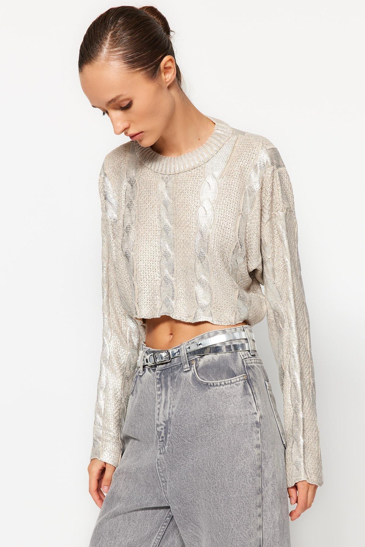 Beige Crop Top Sweater, , large image number 3