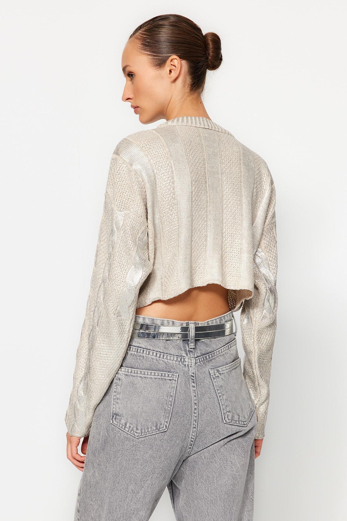 Beige Crop Top Sweater, , large image number 4