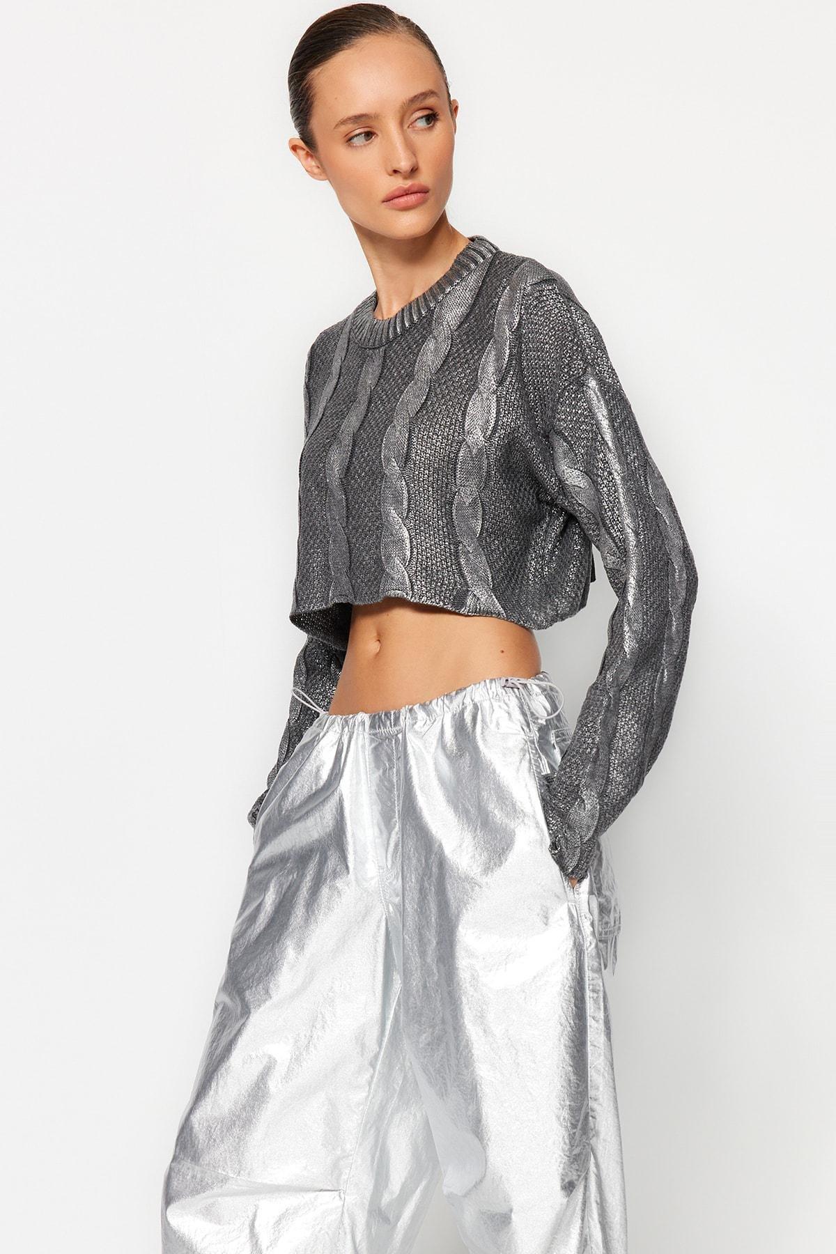 Grey Crop Top Sweater, , large image number 3