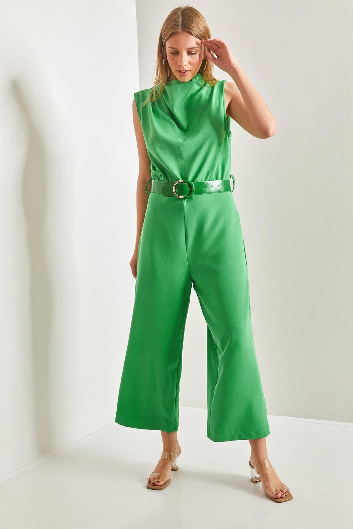 Green Belted Turndown Collar Jumpsuit, , large image number 0