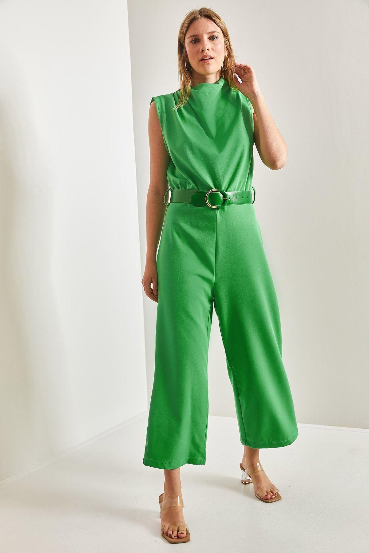 Green Belted Turndown Collar Jumpsuit, , large image number 1