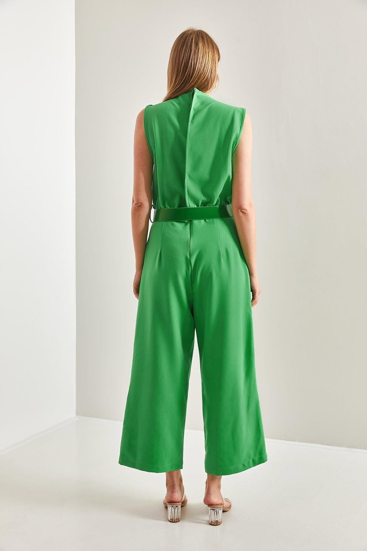 Green Belted Turndown Collar Jumpsuit, , large image number 2