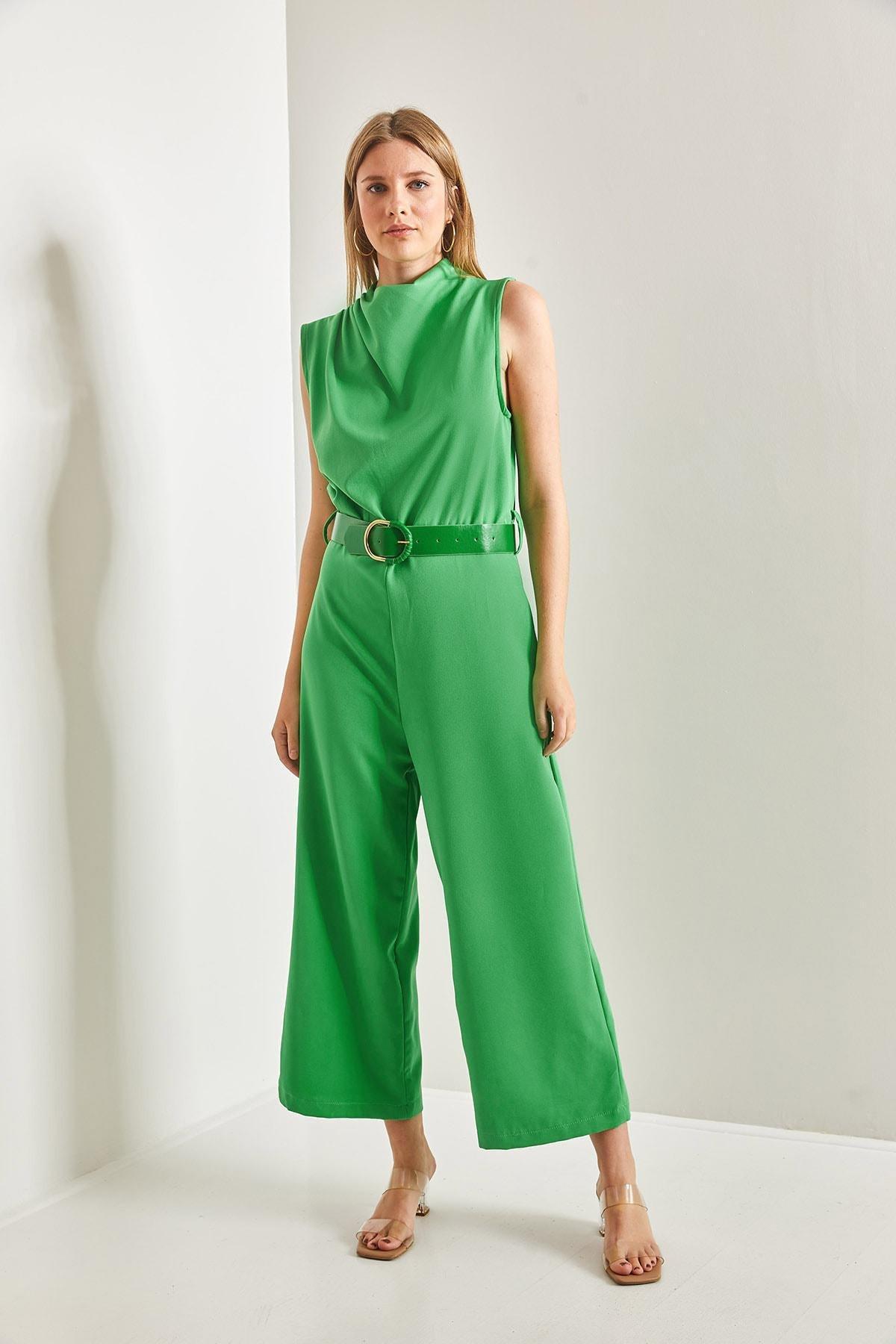Green Belted Turndown Collar Jumpsuit, , large image number 3