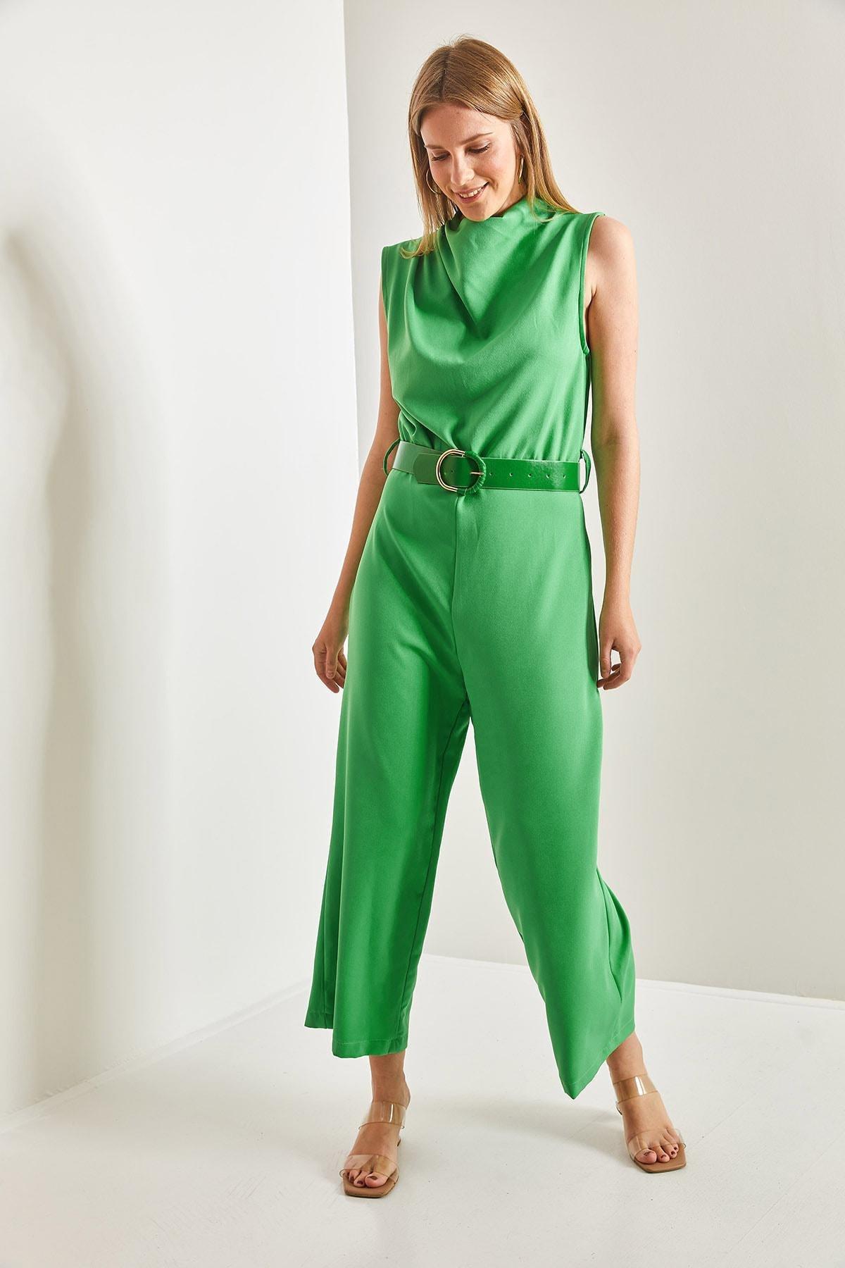 Green Belted Turndown Collar Jumpsuit, , large image number 4
