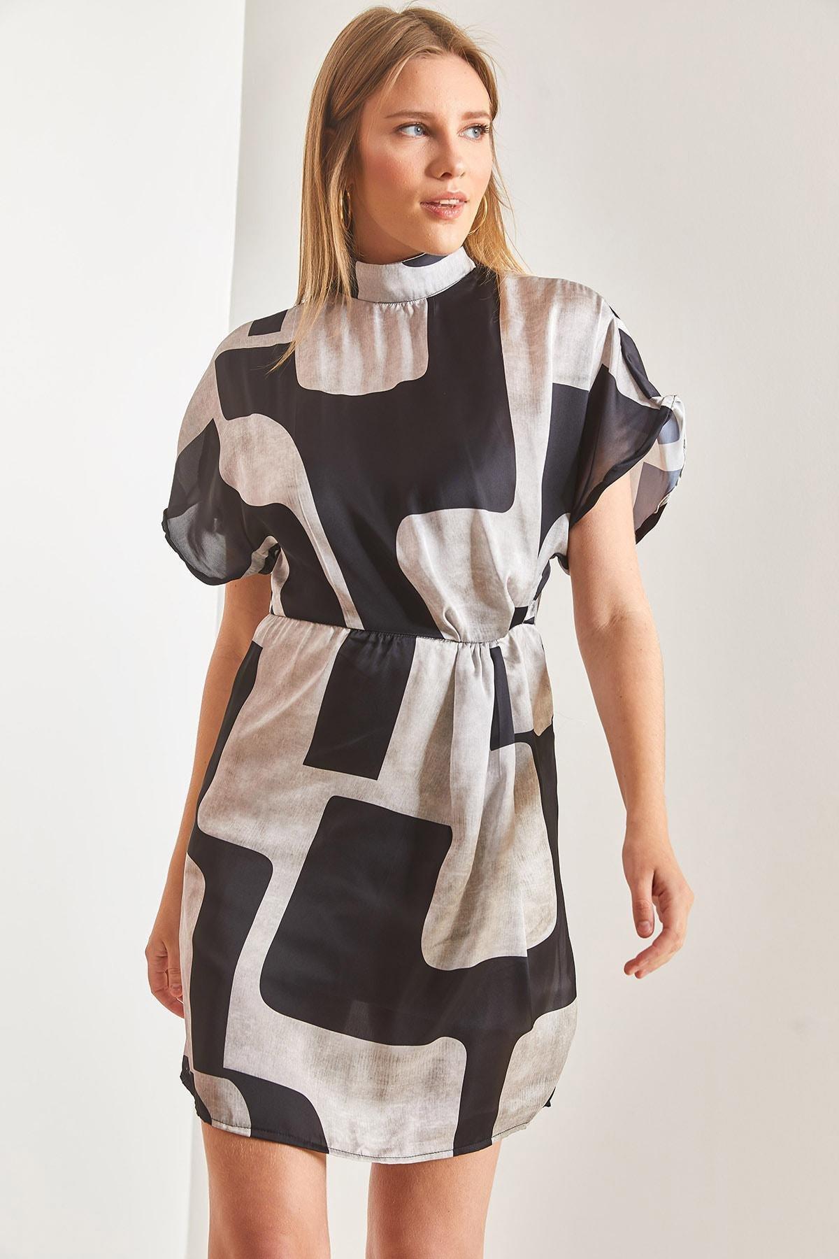 Multicolour Pleated Patterned Dress, Beige-Black, large image number 0