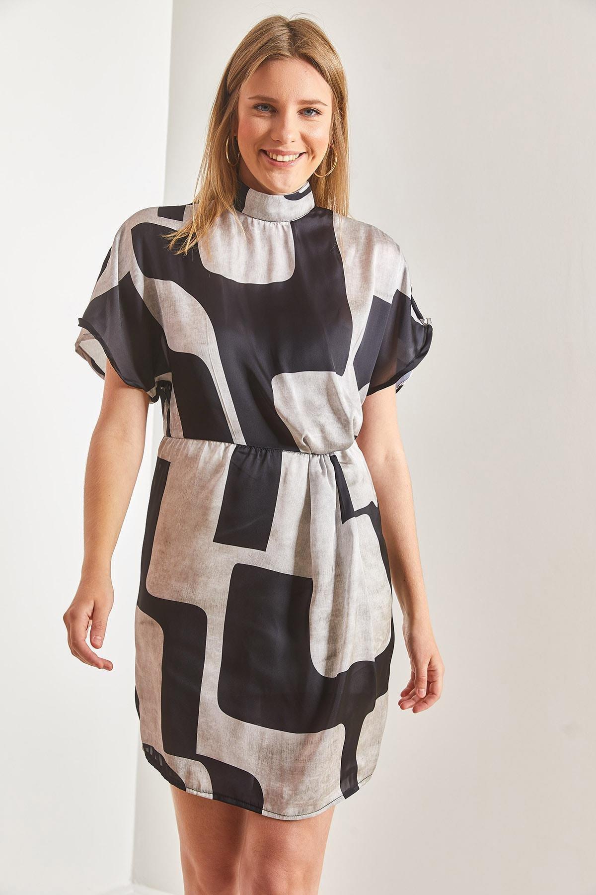 Multicolour Pleated Patterned Dress, Beige-Black, large image number 1