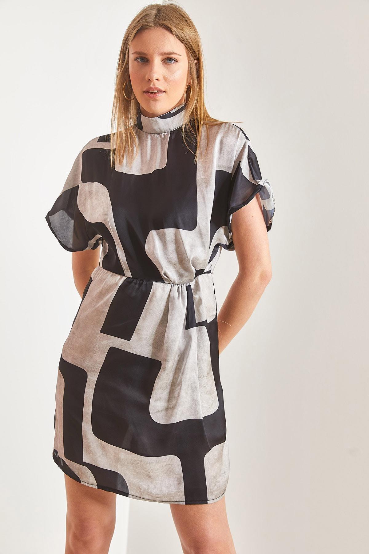 Multicolour Pleated Patterned Dress, Beige-Black, large image number 2
