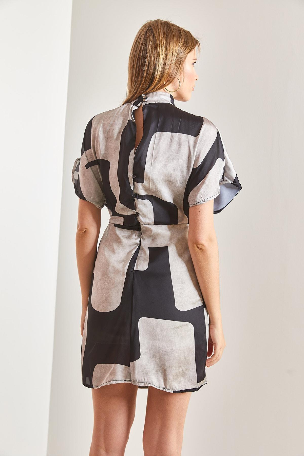 Multicolour Pleated Patterned Dress, Beige-Black, large image number 3