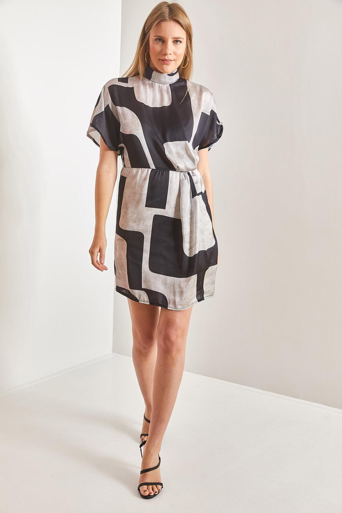 Multicolour Pleated Patterned Dress, Beige-Black, large image number 4