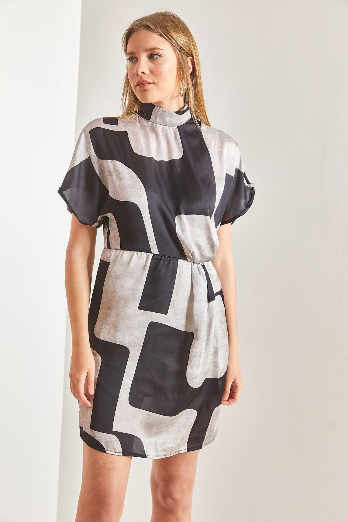 Multicolour Pleated Patterned Dress, Beige-Black, large image number 5