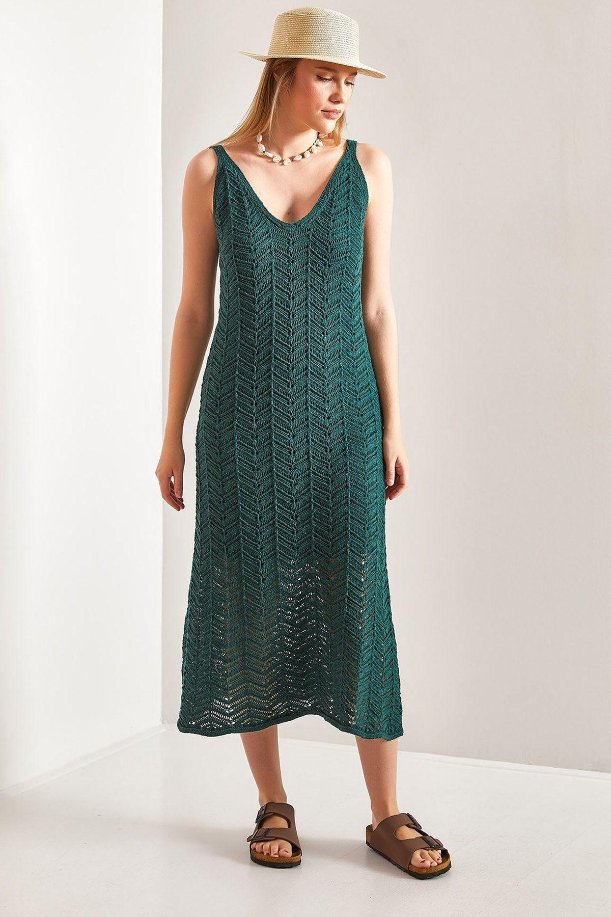 Green Strappy Openwork Knitted Dress, C101_5671, large image number 0
