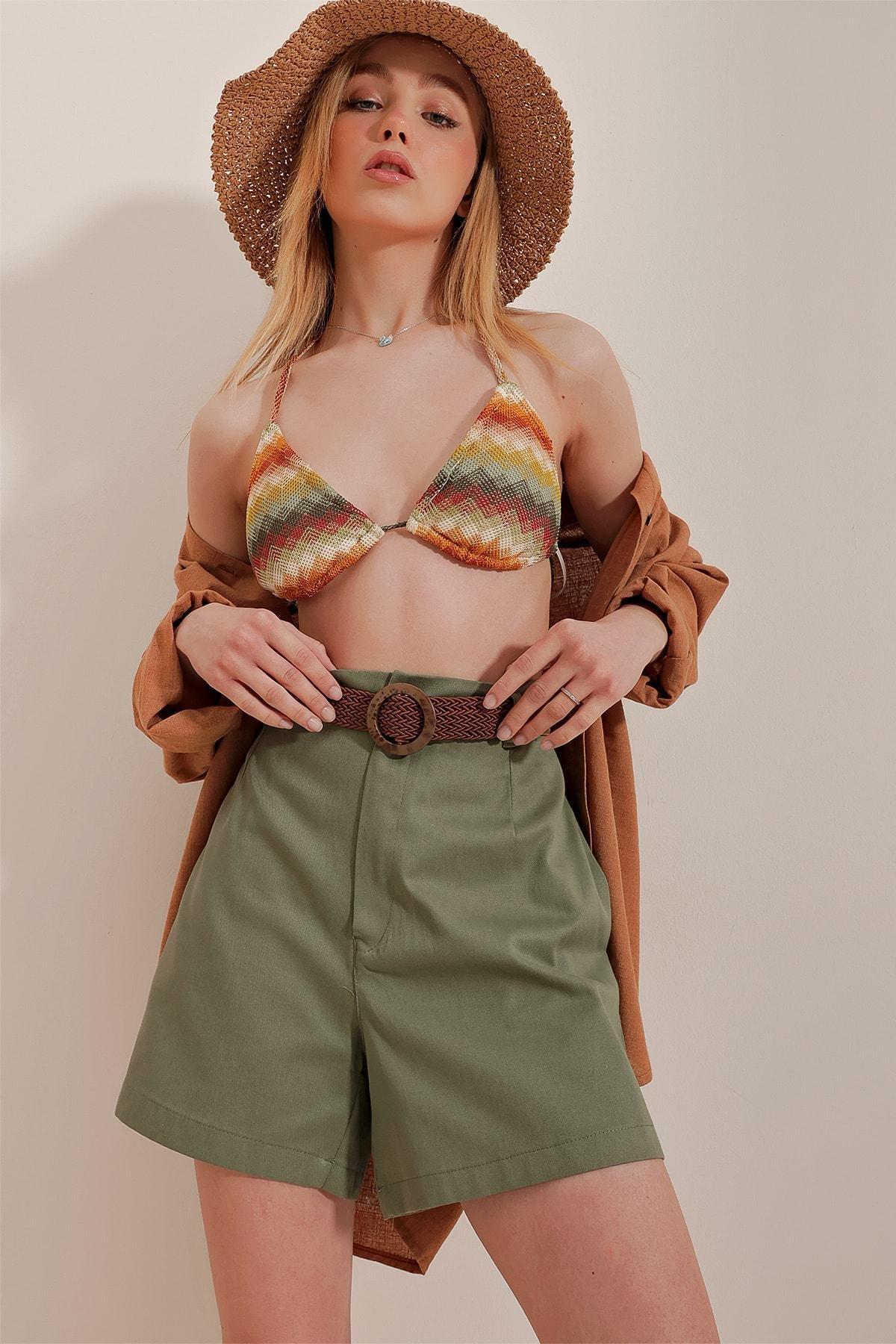 Khaki Normal Waist Shorts, , large image number 1