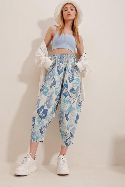 Alacati - Blue Patterned Loose Linen Trousers