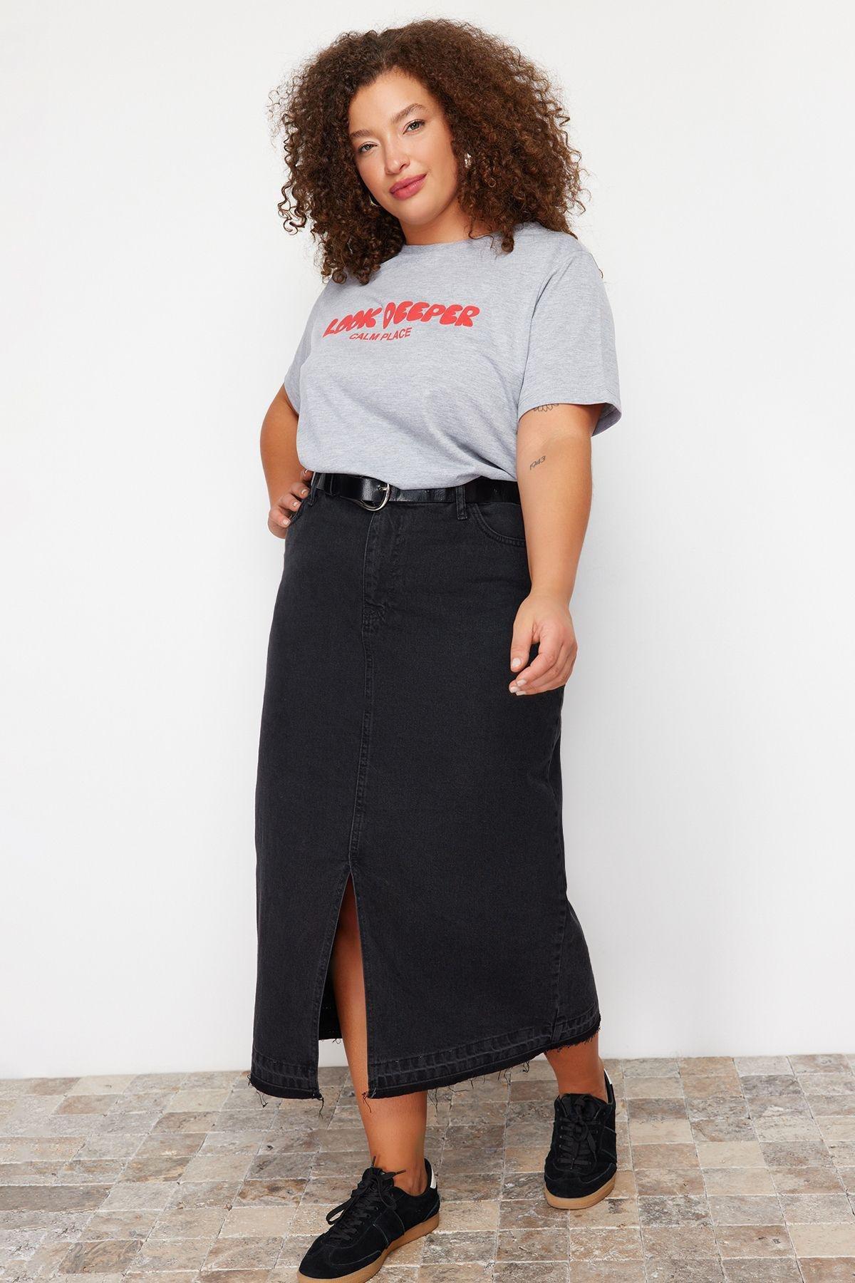 Black Denim Plus-Size Skirt, , large image number 2